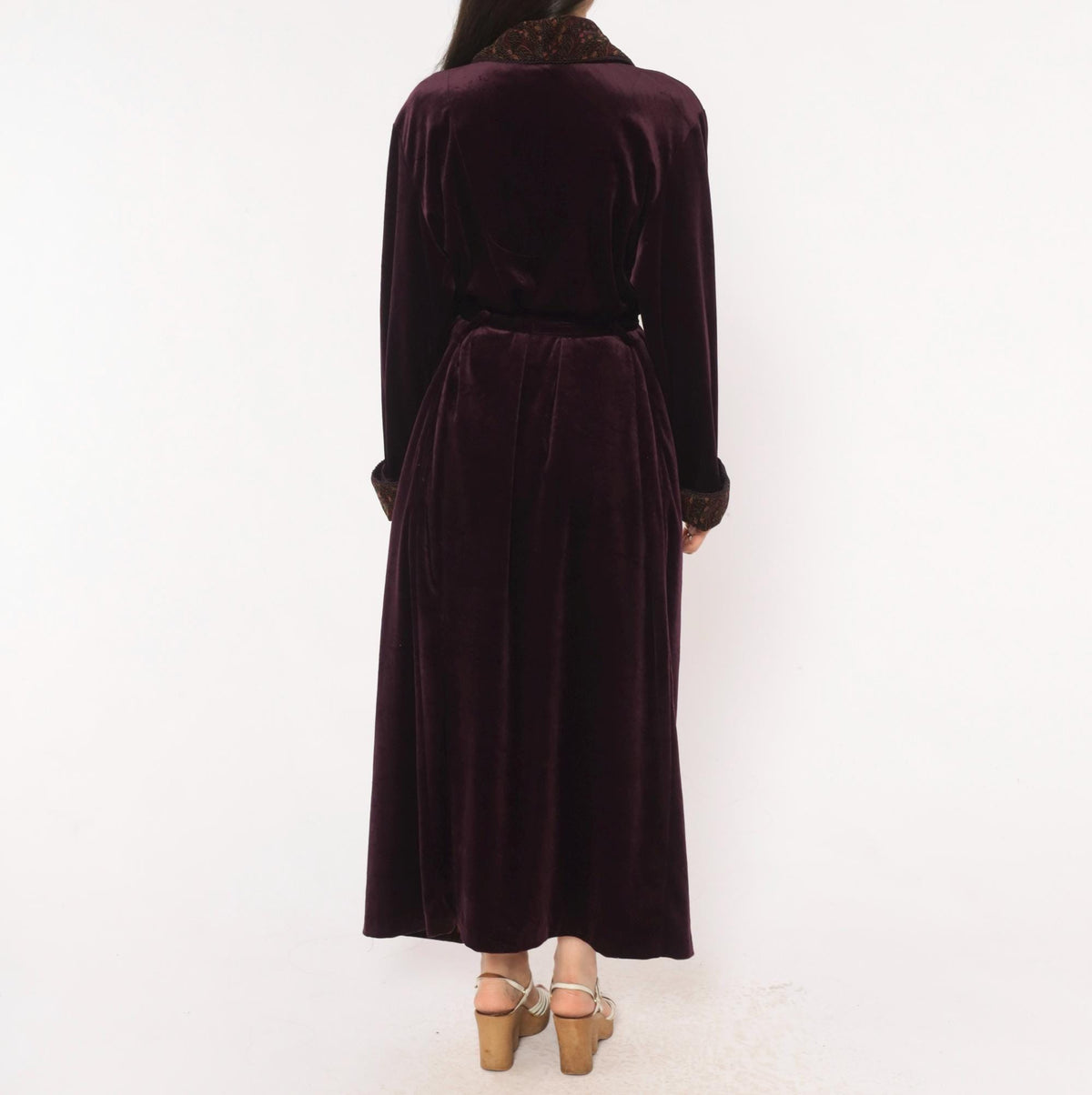 90s Plum Velvet Robe Shawl Collar Paisley Satin Lined Maxi Medium M