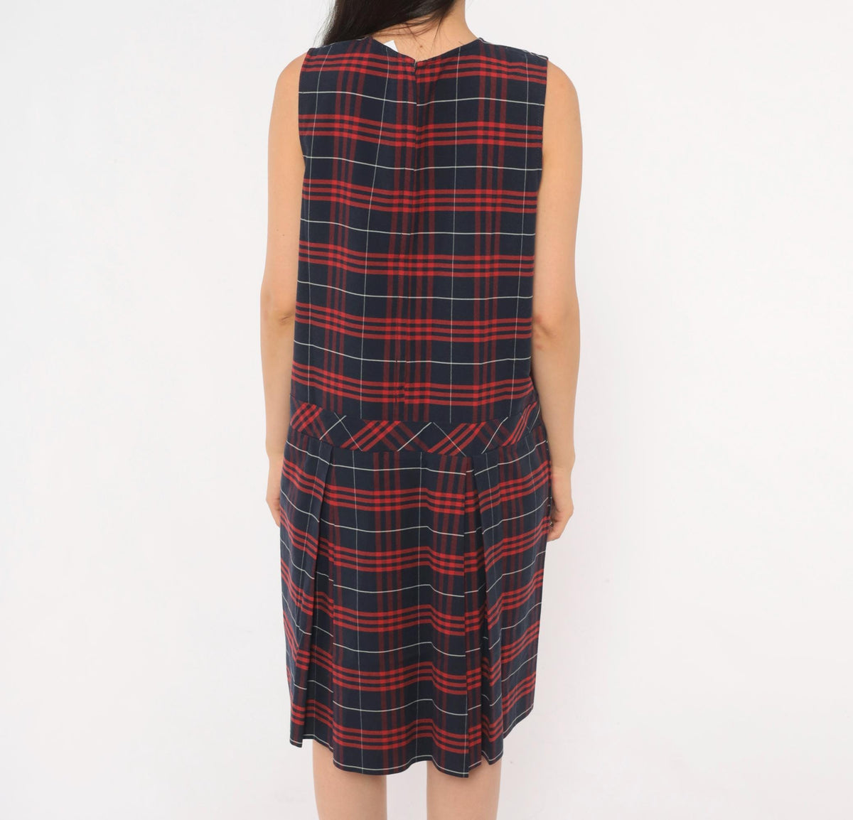 80s Fontaine Apparel Navy Red Tartan Plaid Drop Waist Dress Cotton Medium M