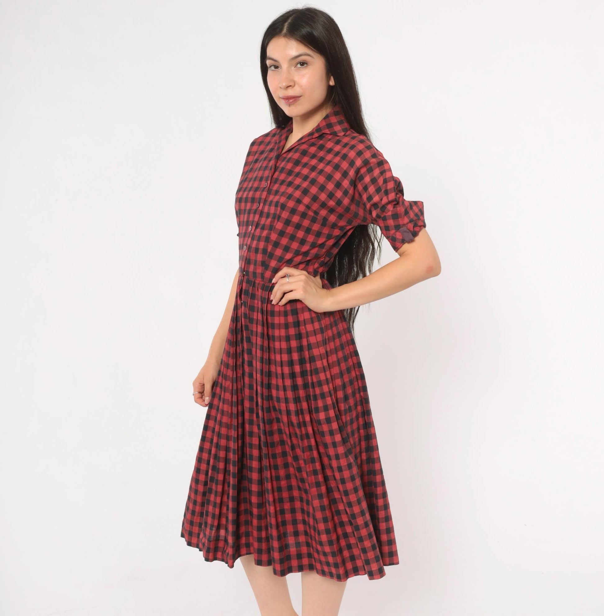 60s Meg Marlowe Buffalo Check Shirtdress Burgundy Black Plaid Cotton Small