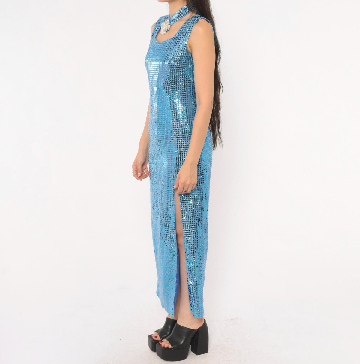 80s Ice Blue Sequin Maxi Dress Choker Neck Keyhole Sleeveless Small