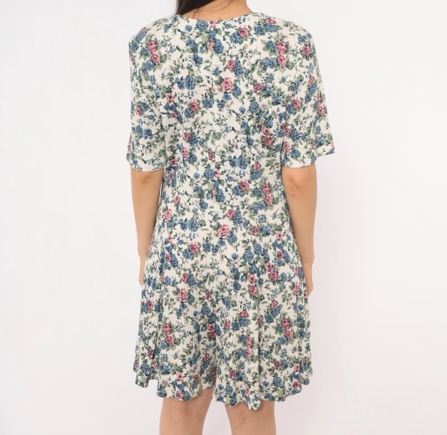 90s Floral Button Front Romper Square Neck Blue Pink Rose Ivory Medium M