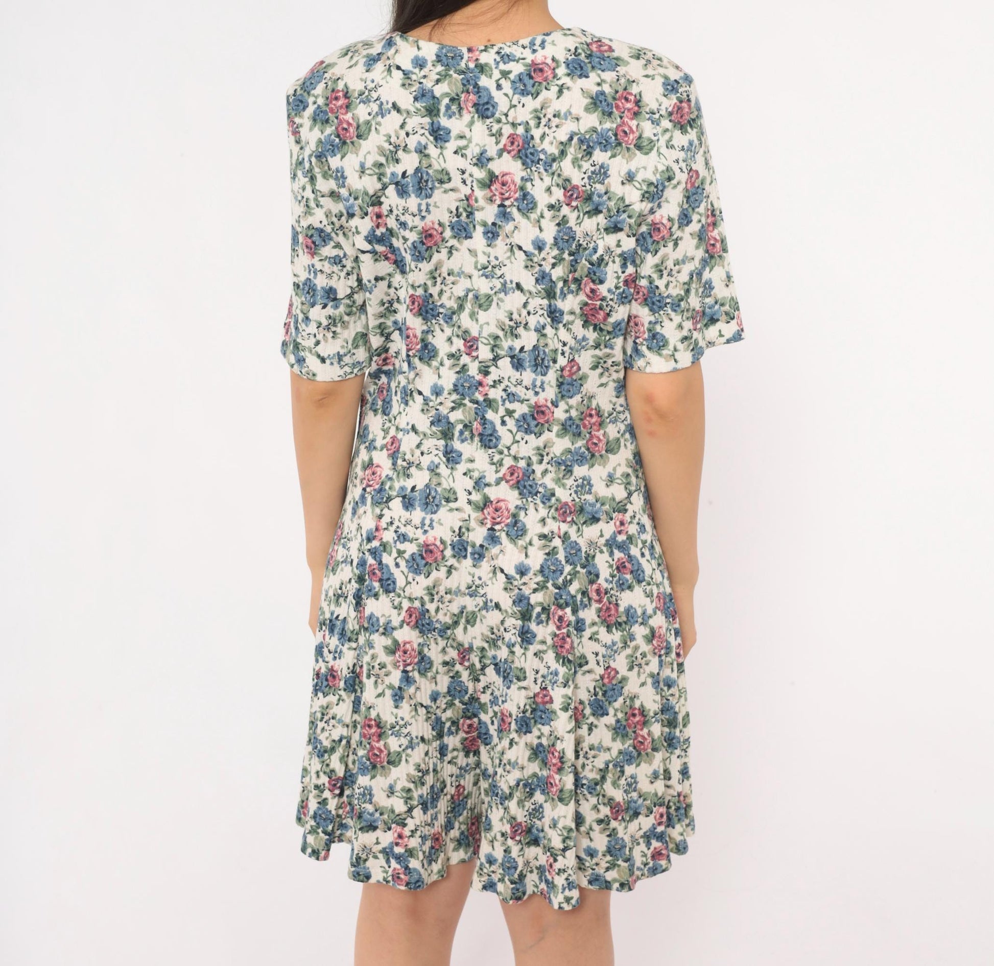 90s Floral Button Front Romper Square Neck Blue Pink Rose Ivory Medium M