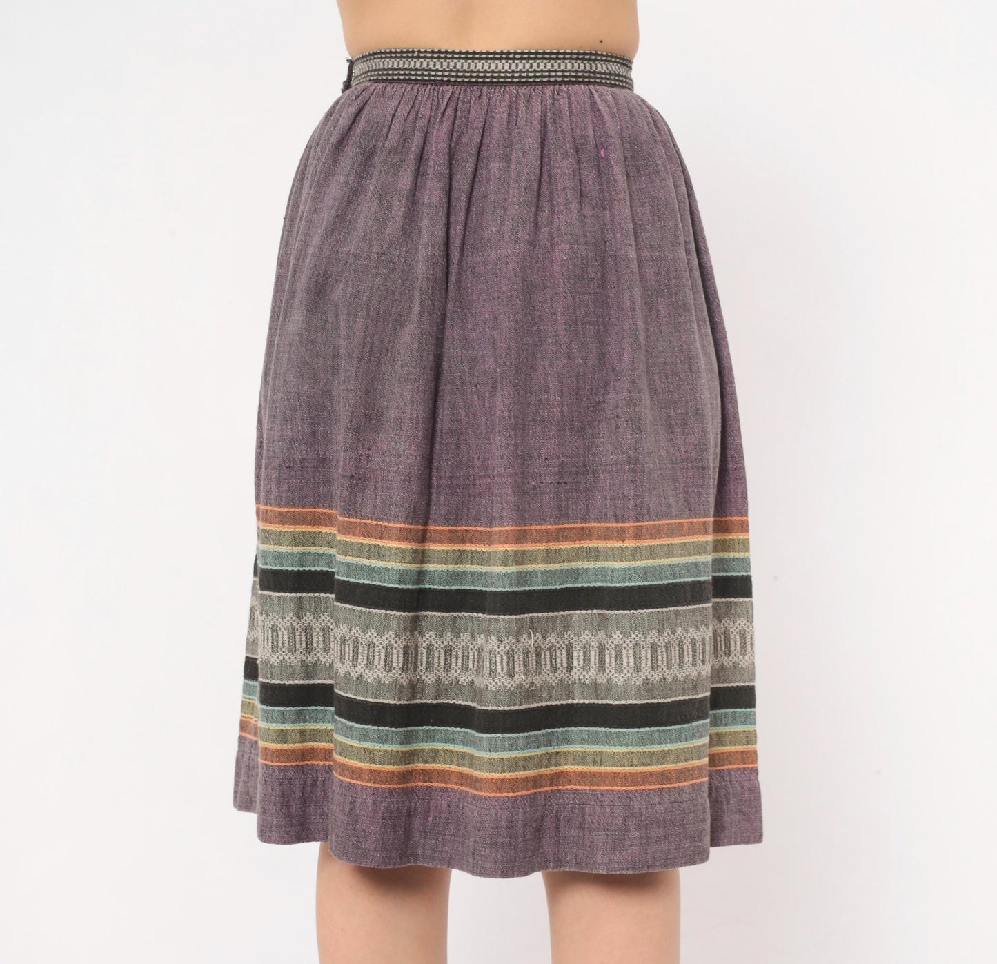 1980s Purple Woven Stripe Knee Skirt Cotton Linen Gathered Waist XS
