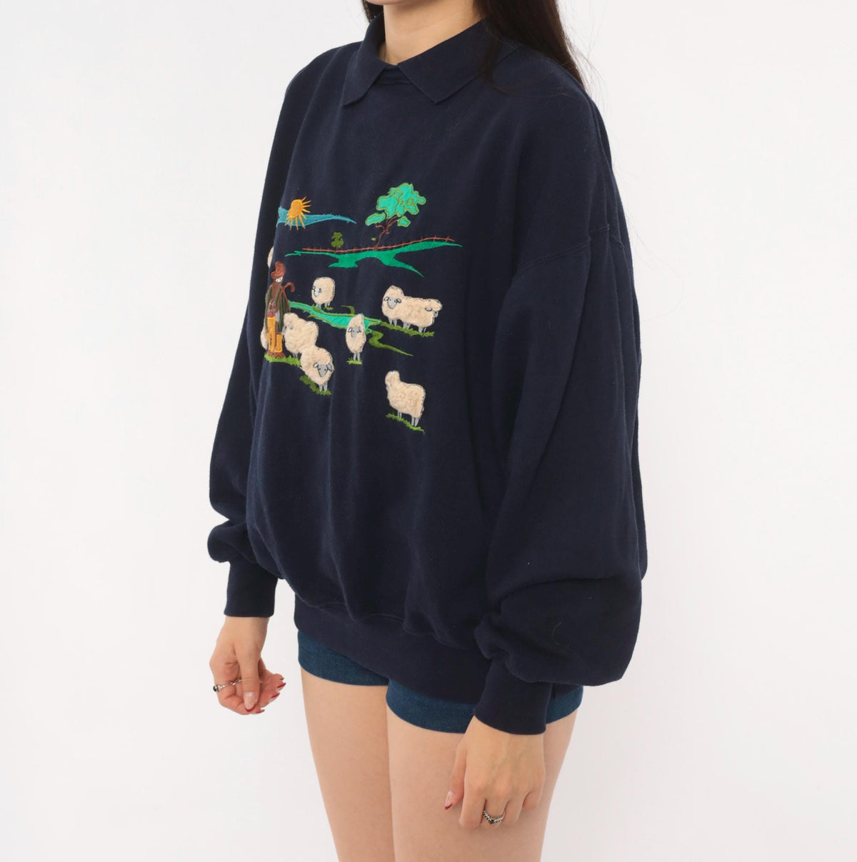 80s Tulchan Navy Collared Sweatshirt Embroidered Sheep Pastoral Scene Large L