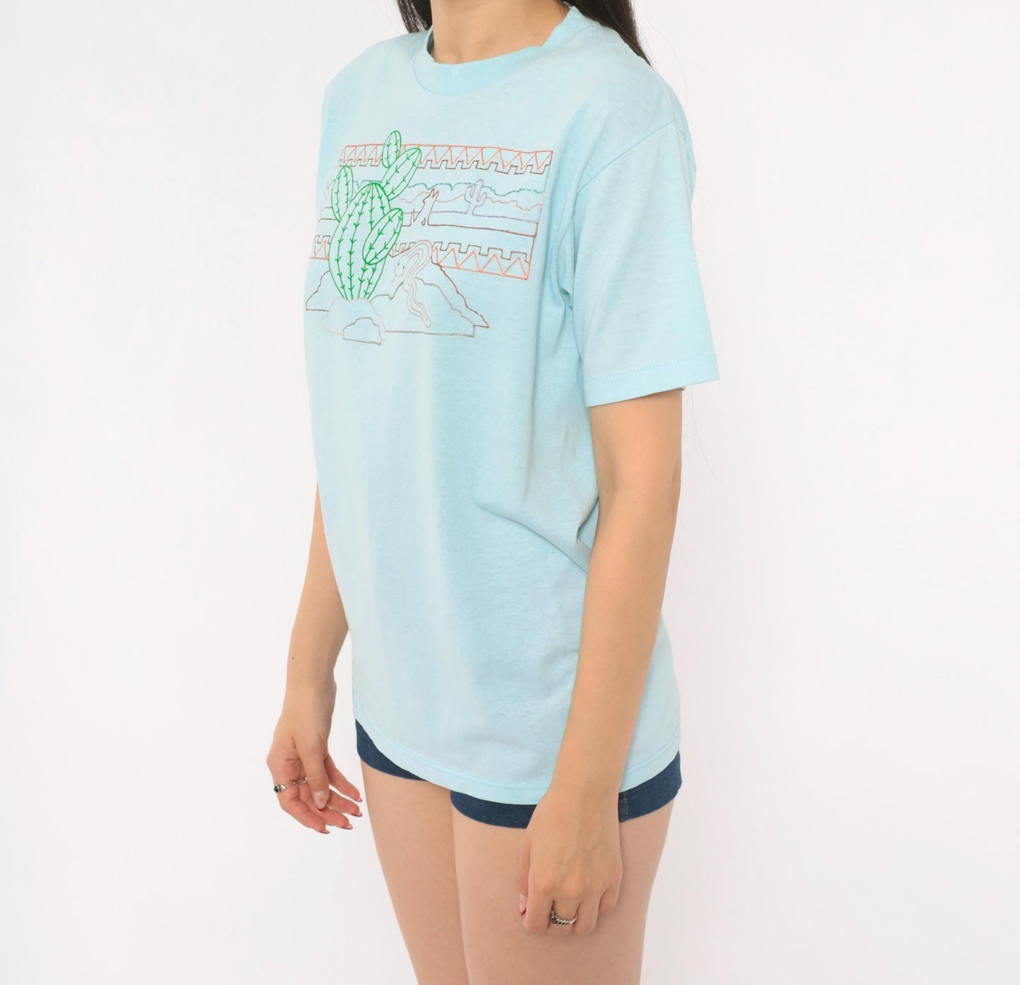 80s Sunbelt Sportswear Desert Cactus Snake Graphic Tee Light Blue Small