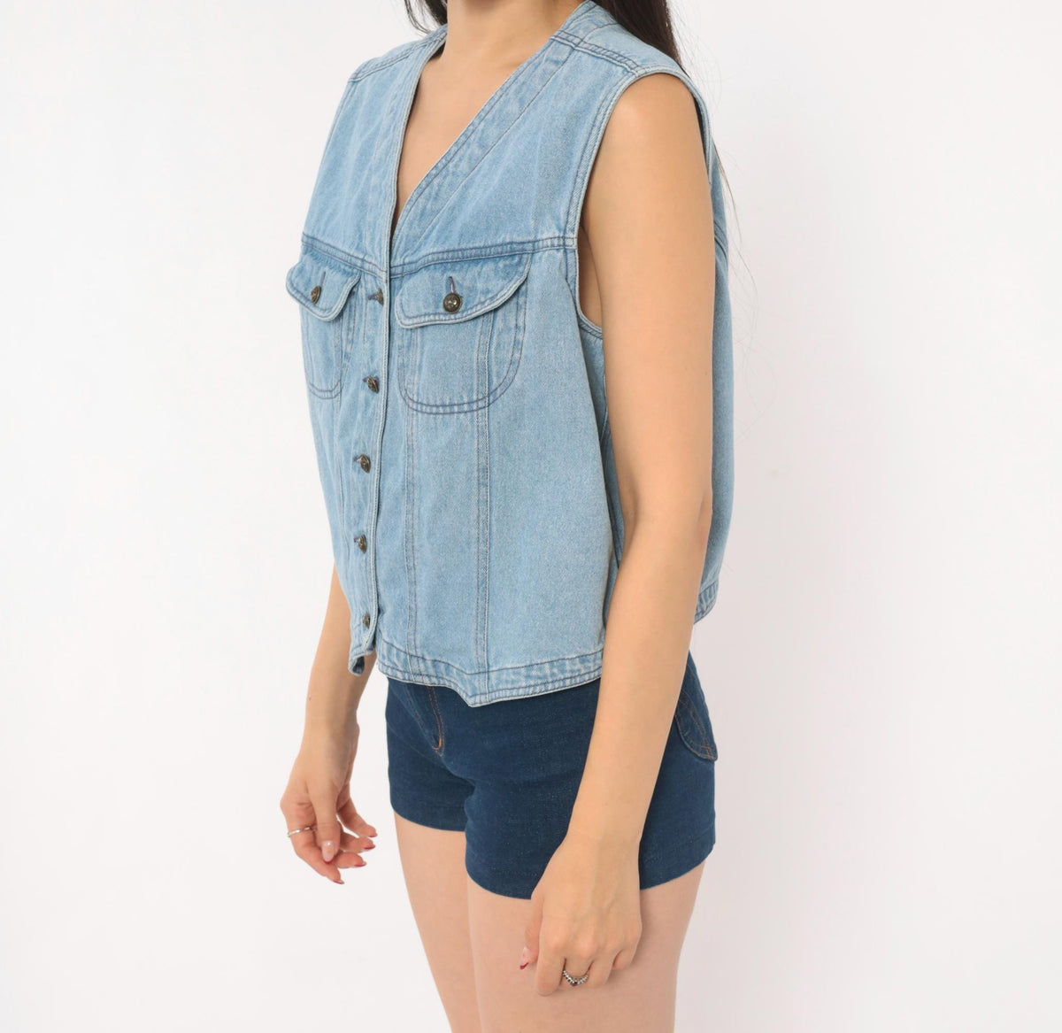90s Light Blue Denim Vest Cotton Button Front Cropped Medium M