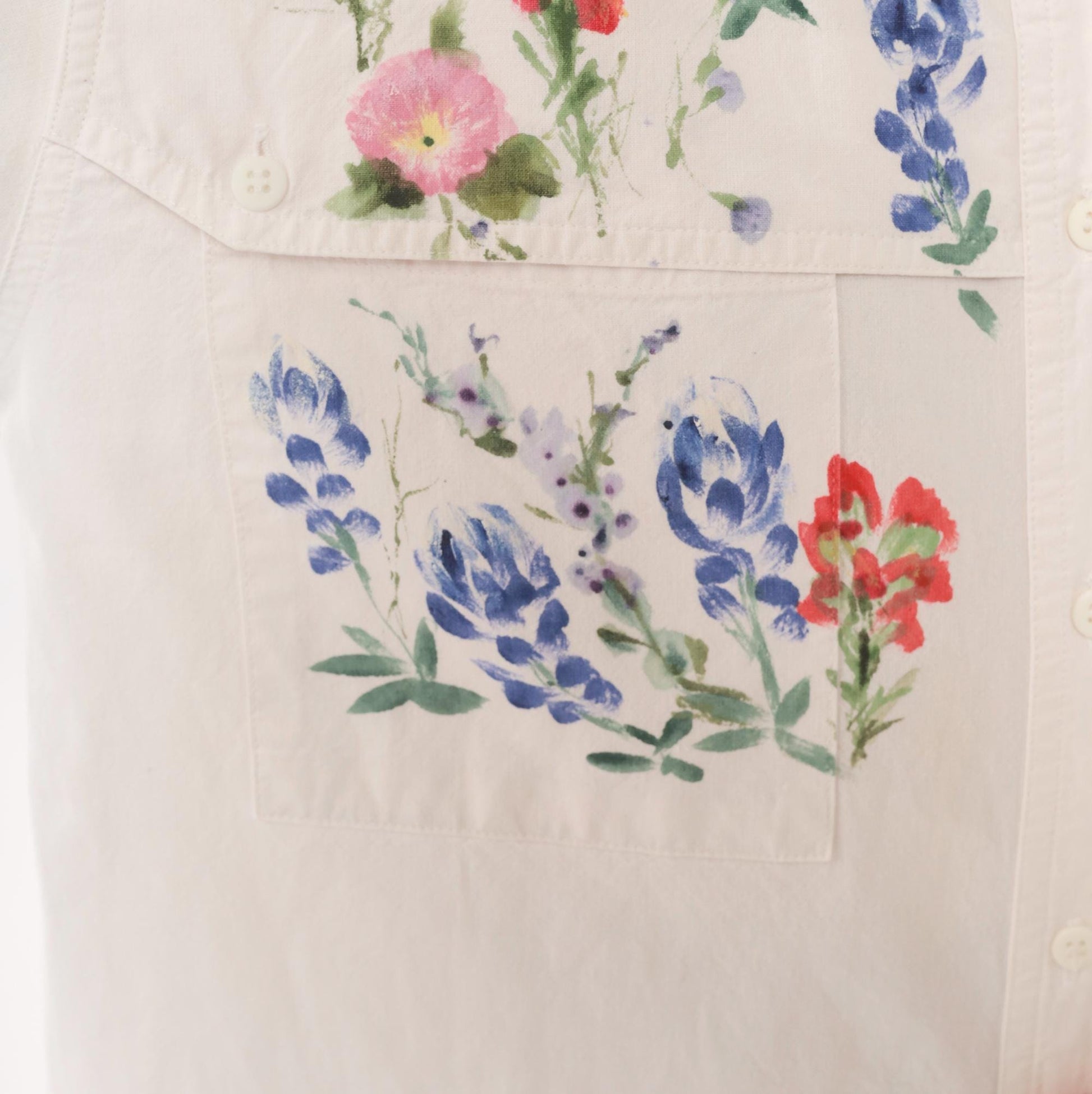 90s Ol' Paint Hand-Painted Wildflower Hummingbird White Cotton Button-Up Medium