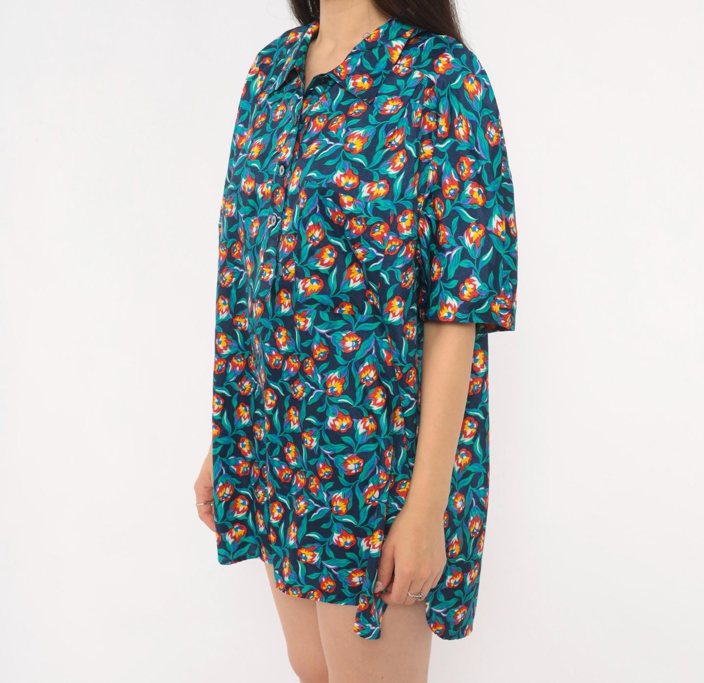 80s Josephine Floral Print Shirt Navy Tulip Blouse Collared Large L
