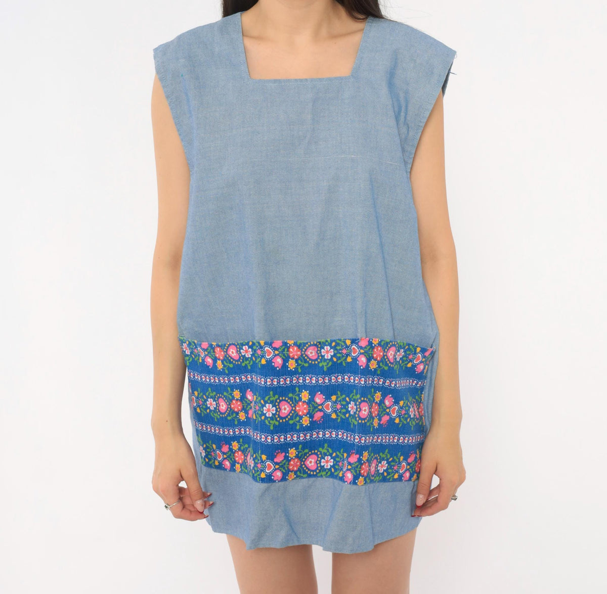 70s Light Blue Chambray Tunic Apron Dress Floral Print Open Back Small
