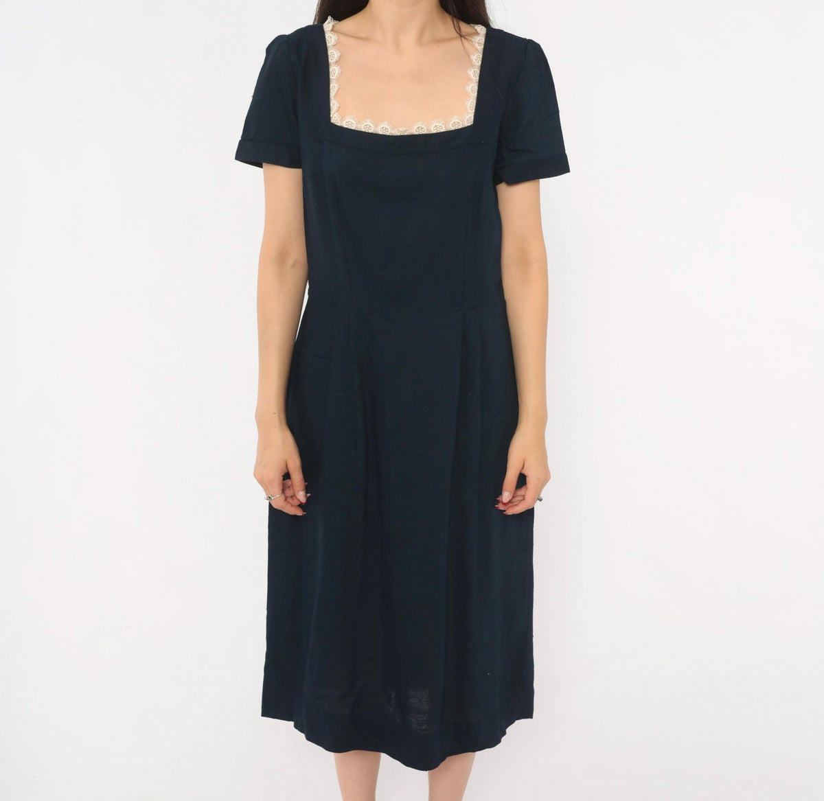 60s Navy Dress Square Neck Lace Trim A-Line Short Sleeve Side Zip Medium M