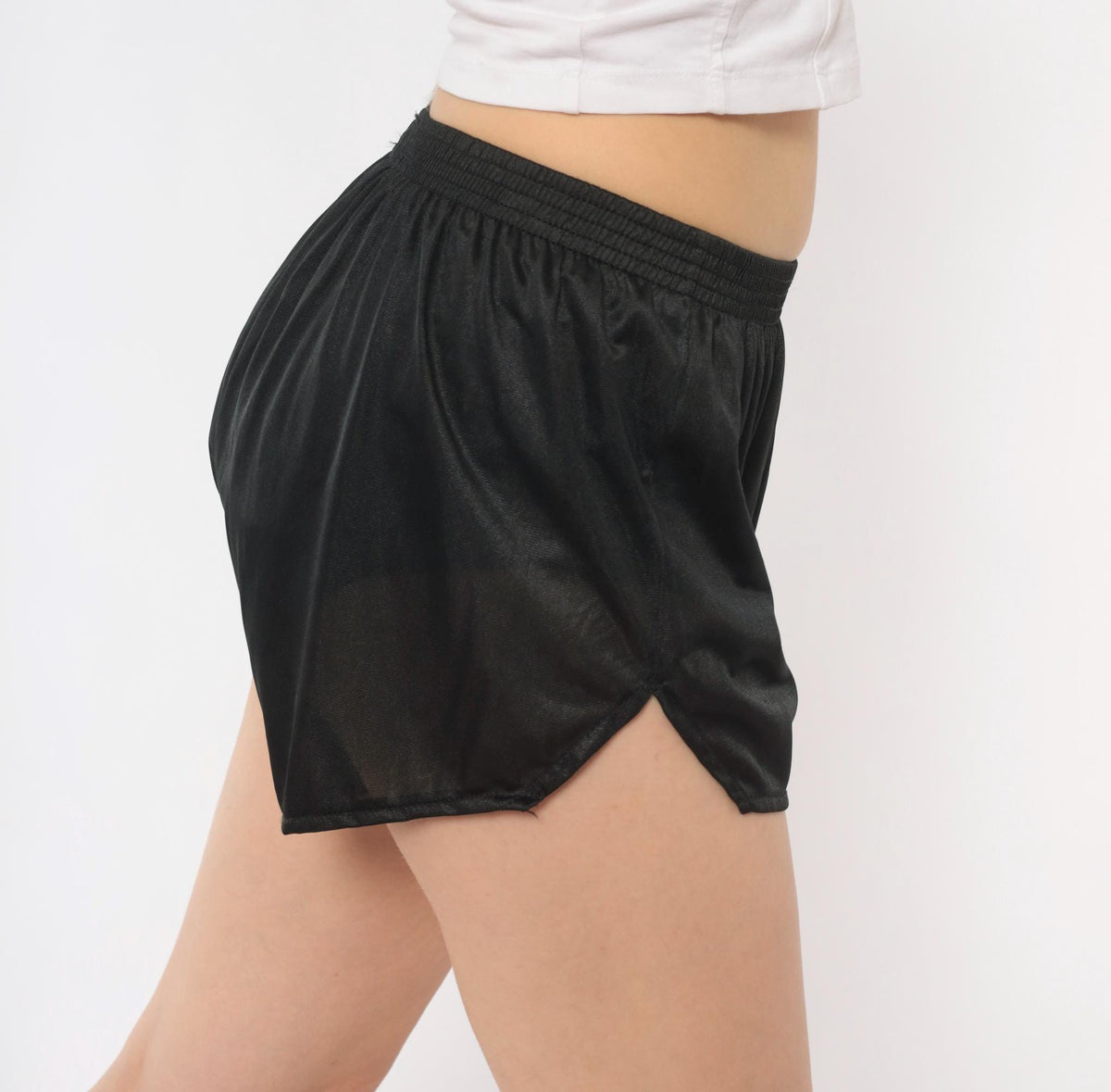 80s Dolfin Black Satin Running Shorts Dolphin Logo Small S