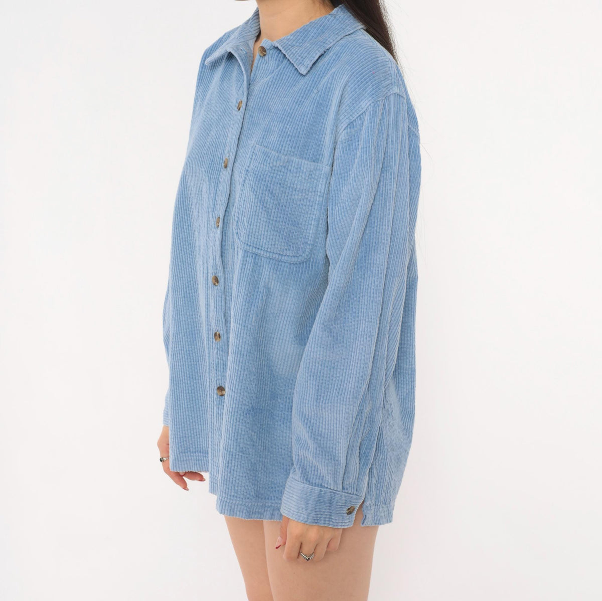 90s L.L.Bean Corduroy Button-Front Shirt Sky Blue Cotton Medium M