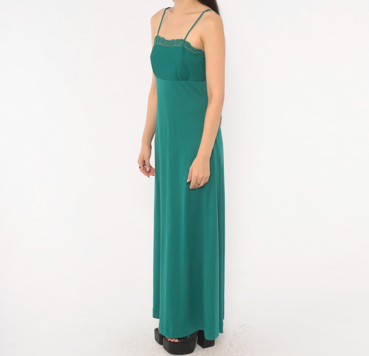 70s Teal Crochet Lace Maxi Dress Empire Waist Spaghetti Strap Extra Small