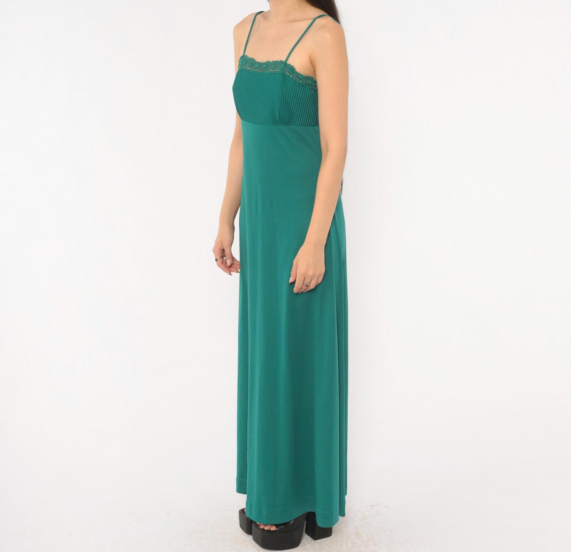 70s Teal Crochet Lace Maxi Dress Empire Waist Spaghetti Strap Extra Small