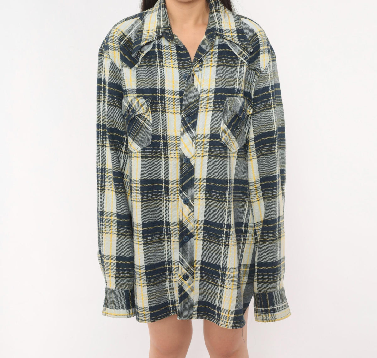 80s Navy Yellow Plaid Flannel Shirt Cotton Button Front Extra Large