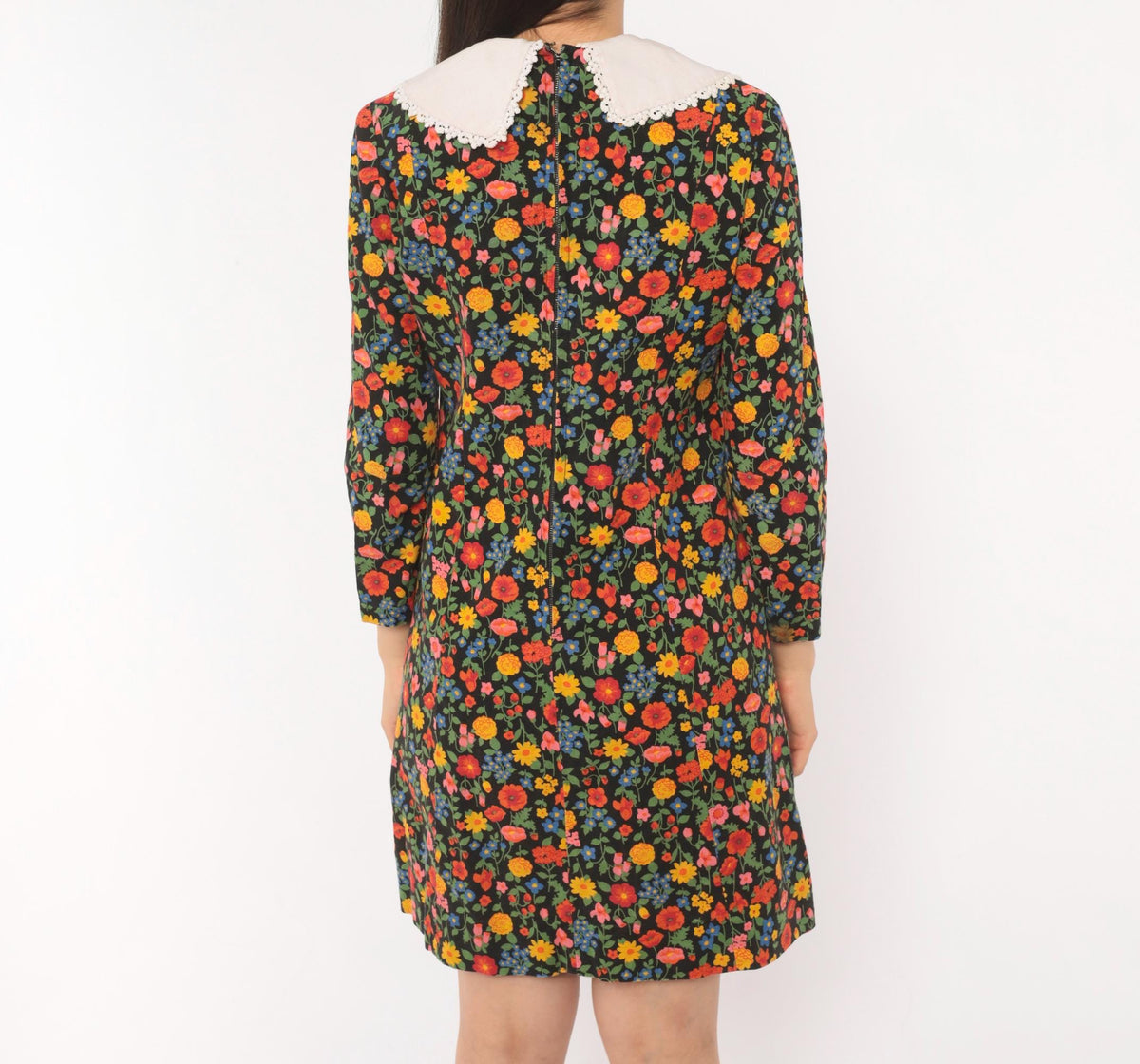 60s Black Floral Peter Pan Collar Shift Dress Wildflower Print Small