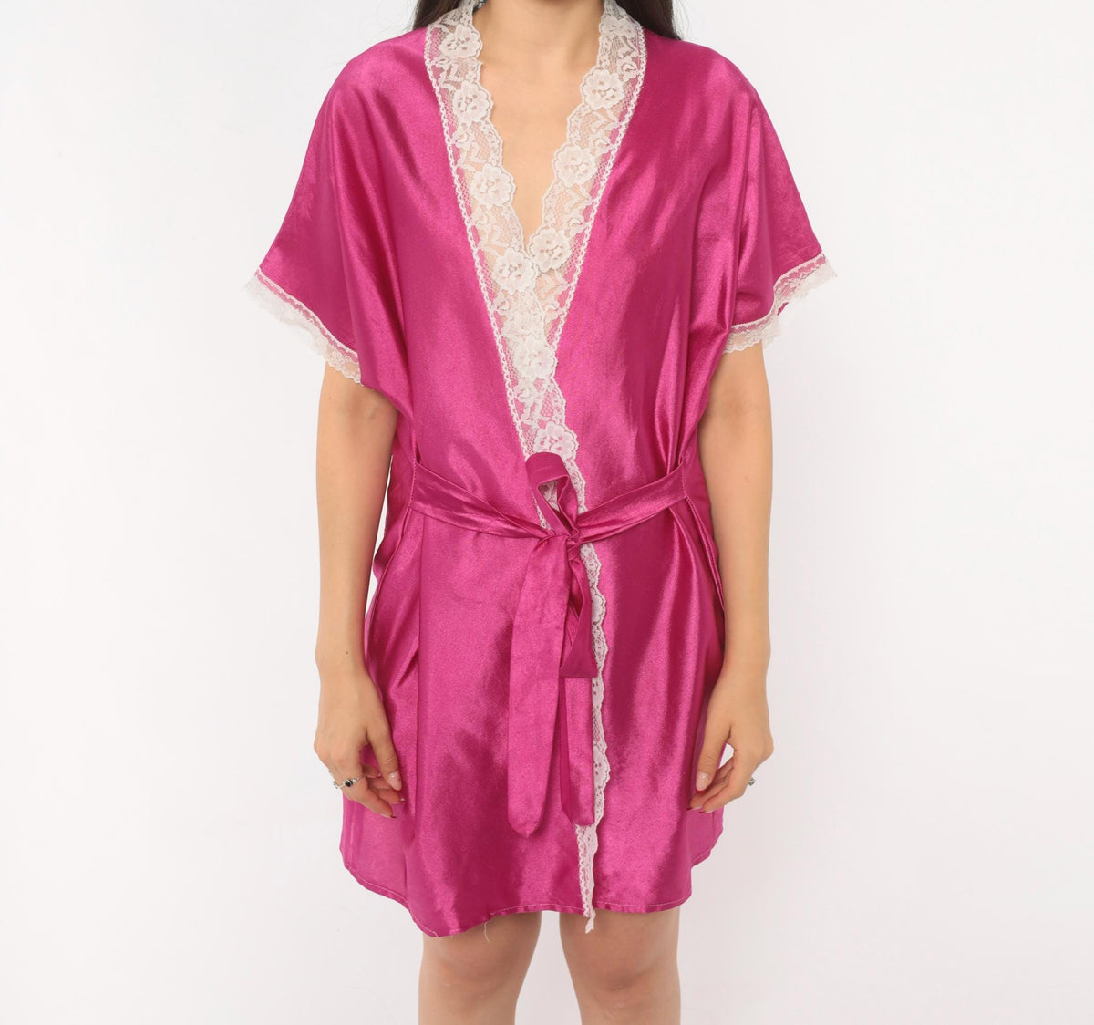 80s Fuchsia Satin Kimono Robe Lace Trim Tie Front Medium Large