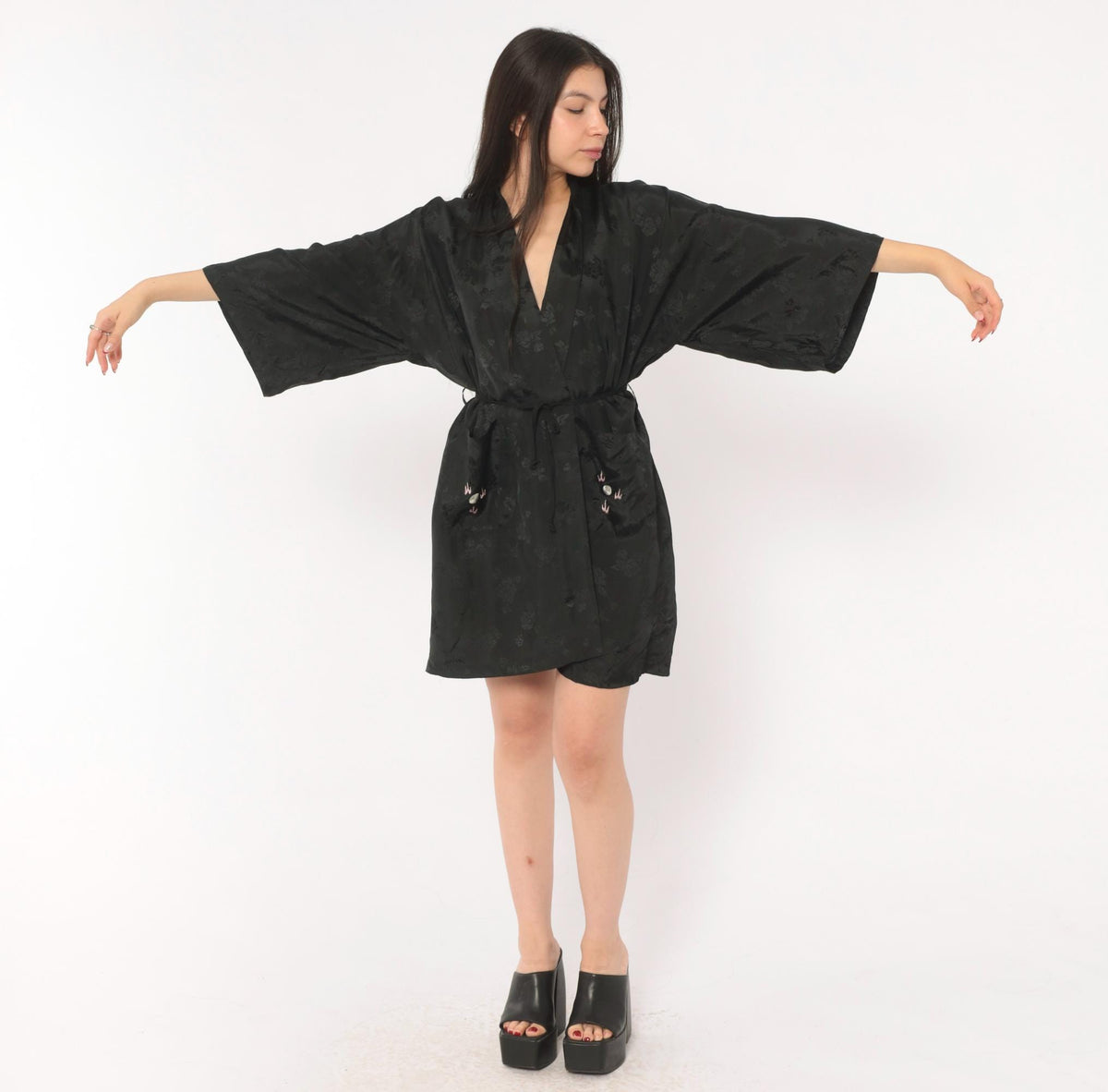 90s Golden Bee Black Satin Kimono Robe Dragon Embroidered Medium M