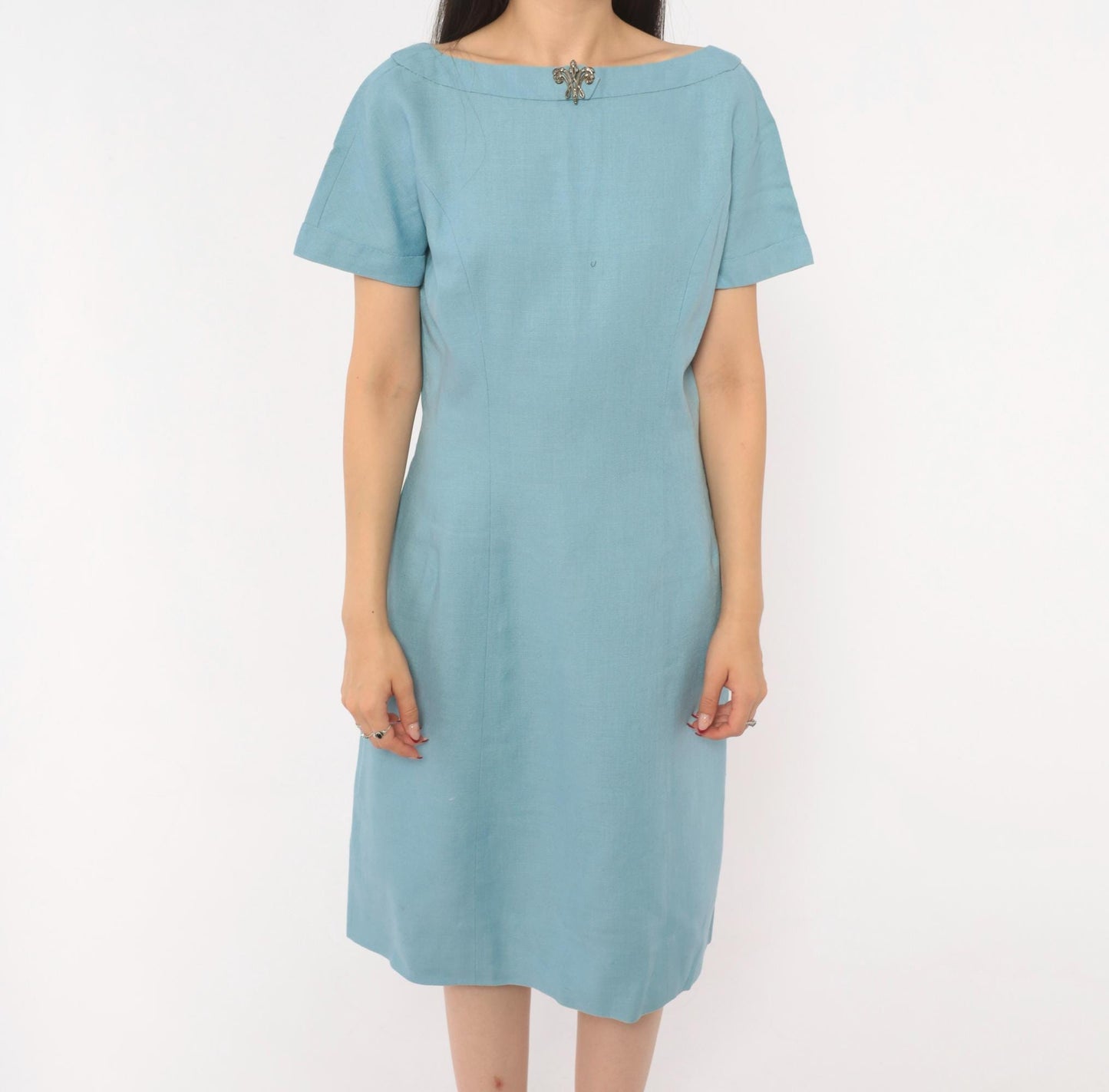 60s Mod Shift Dress Wool Boat Neck Blue Silver Brooch Large L