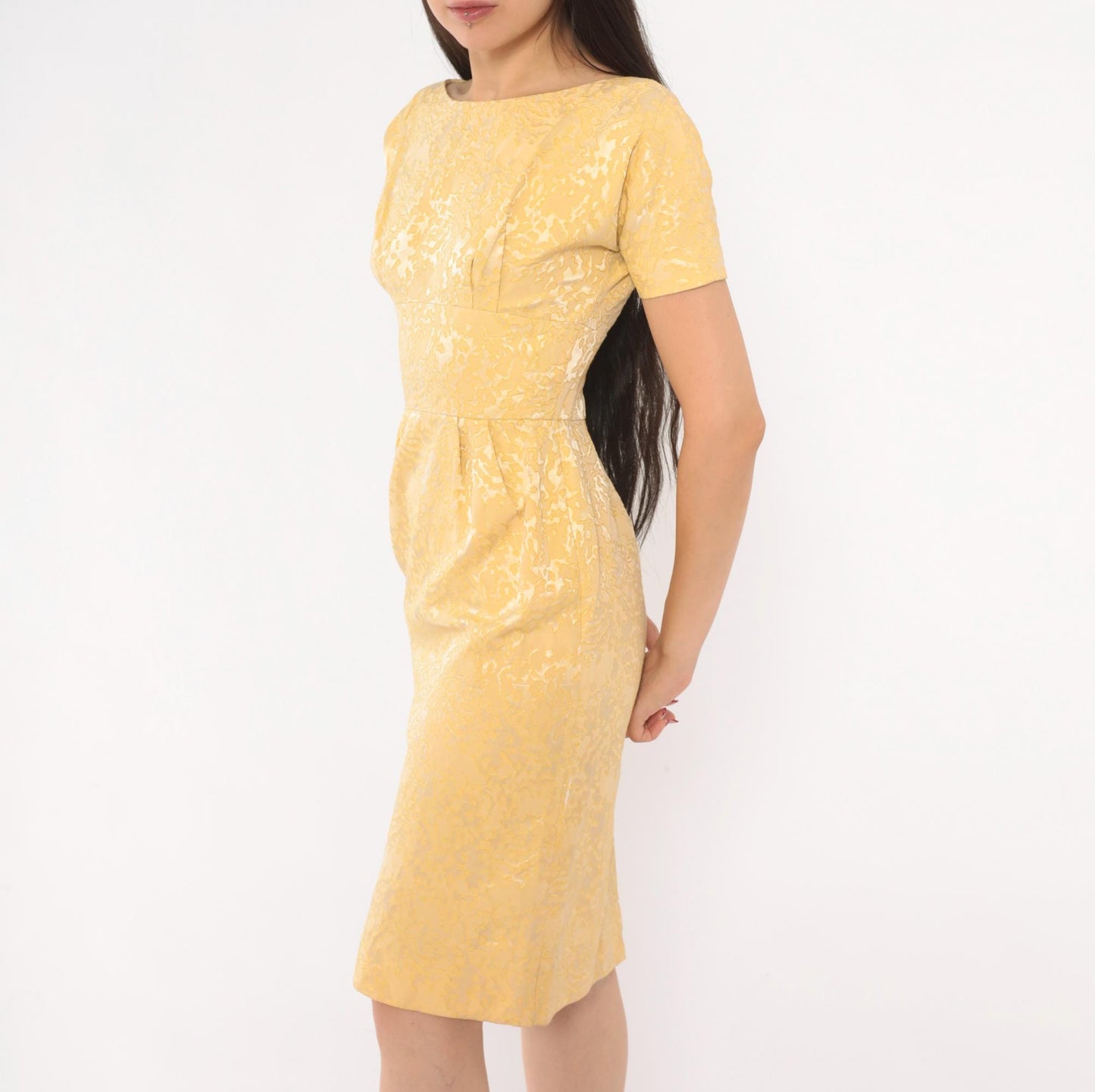 60s Gold Jacquard Sheath Dress Boat Neck Brocade Pencil Skirt Extra Small XS