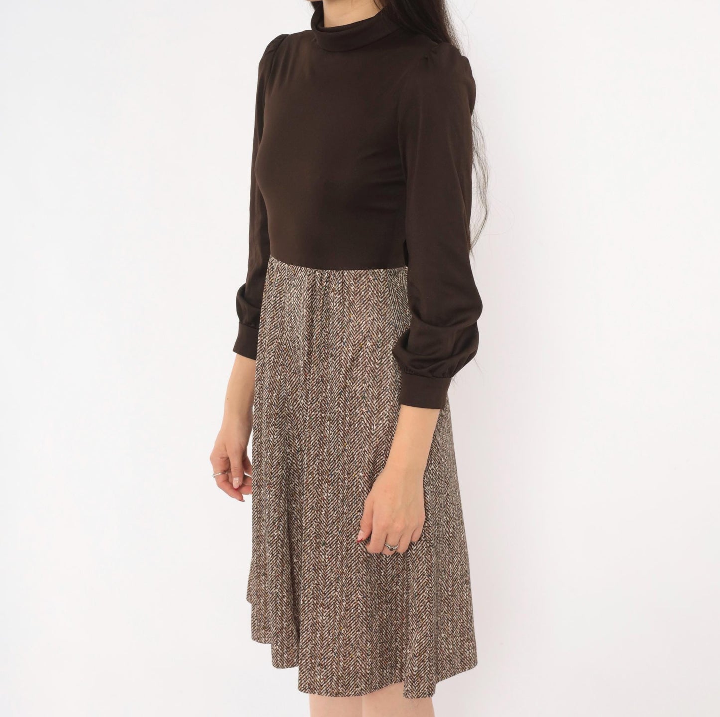 70s Brown Herringbone A-Line Dress Puff Sleeve Turtleneck Extra Small XS