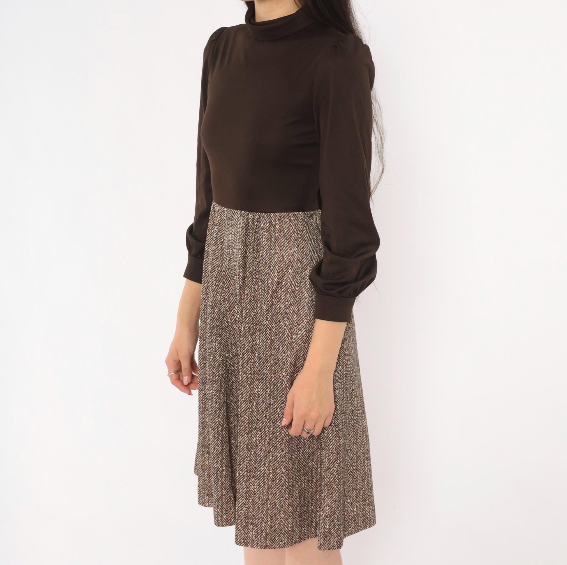 70s Brown Herringbone A-Line Dress Puff Sleeve Turtleneck Extra Small XS