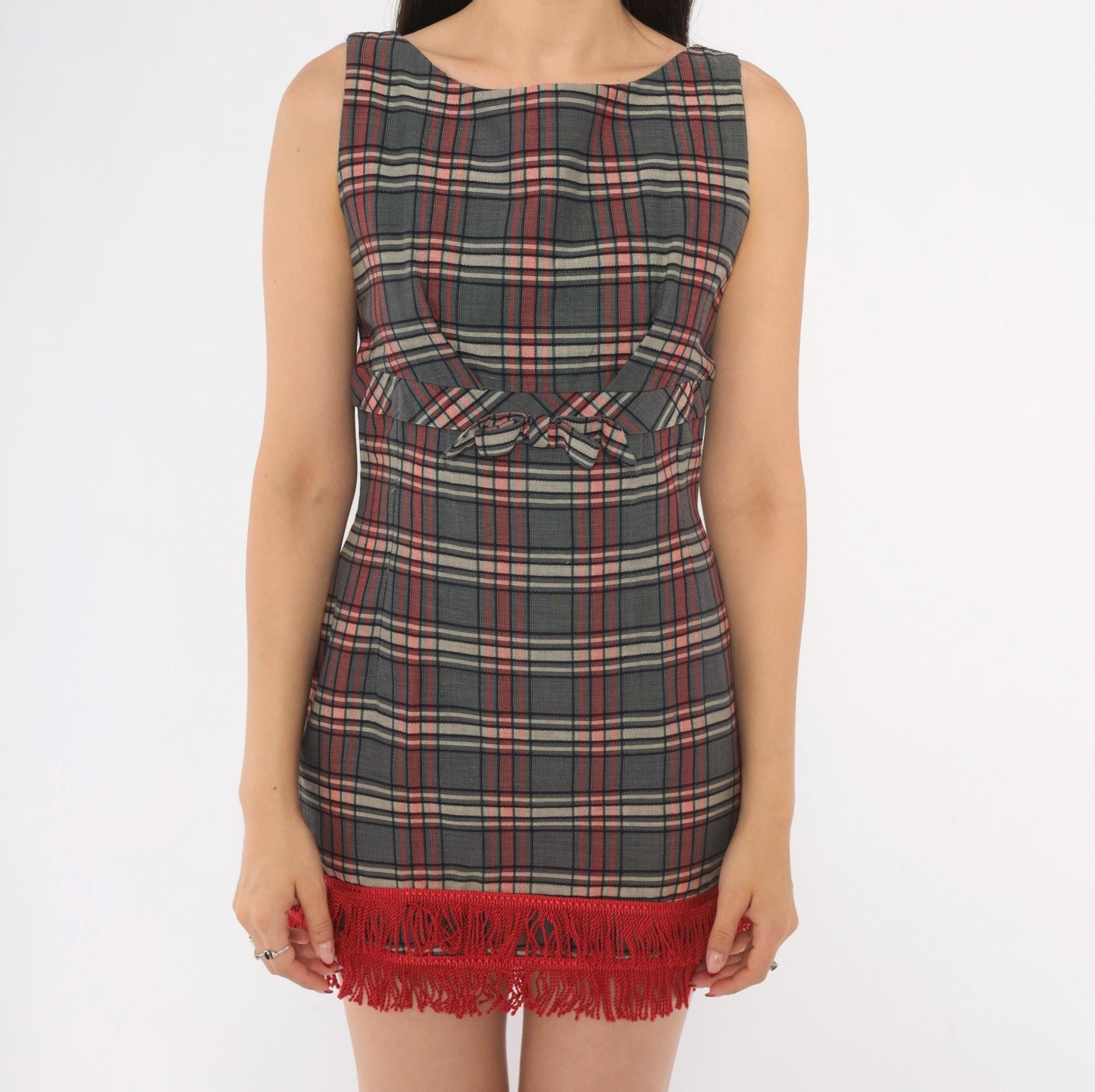 60s Plaid Mini Dress Grey Red Tartan Sleeveless Bow Empire Waist XS
