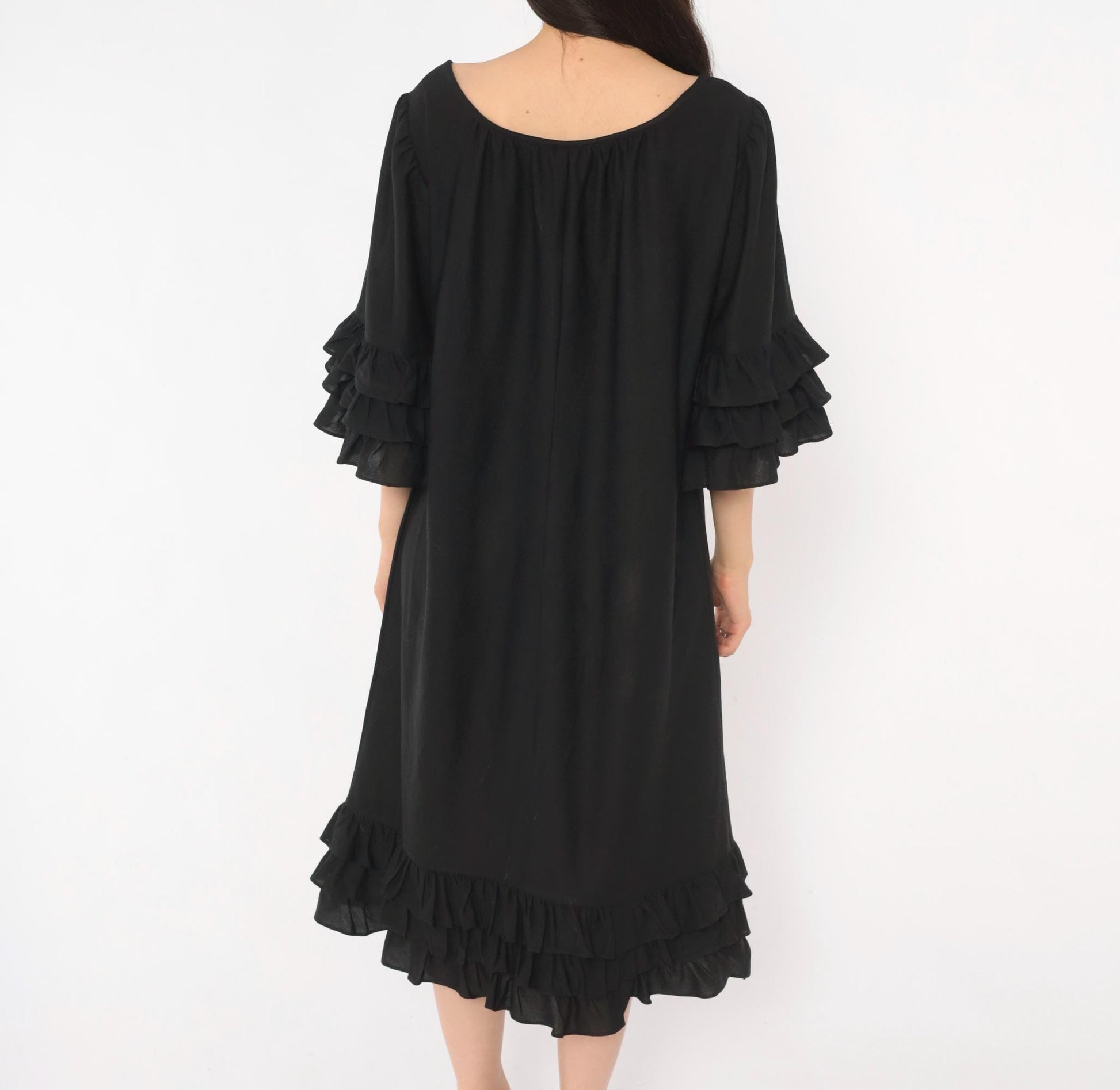 70s Black Midi Dress Ruffle Sleeve Tiered Hem Pullover Large L