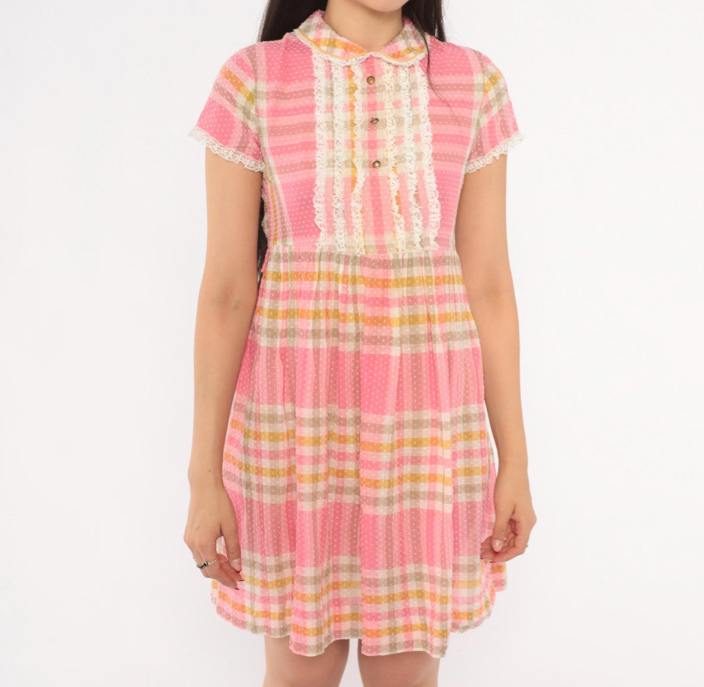 70s Pink Plaid Babydoll Dress Peter Pan Collar Lace Bib Mini XXS