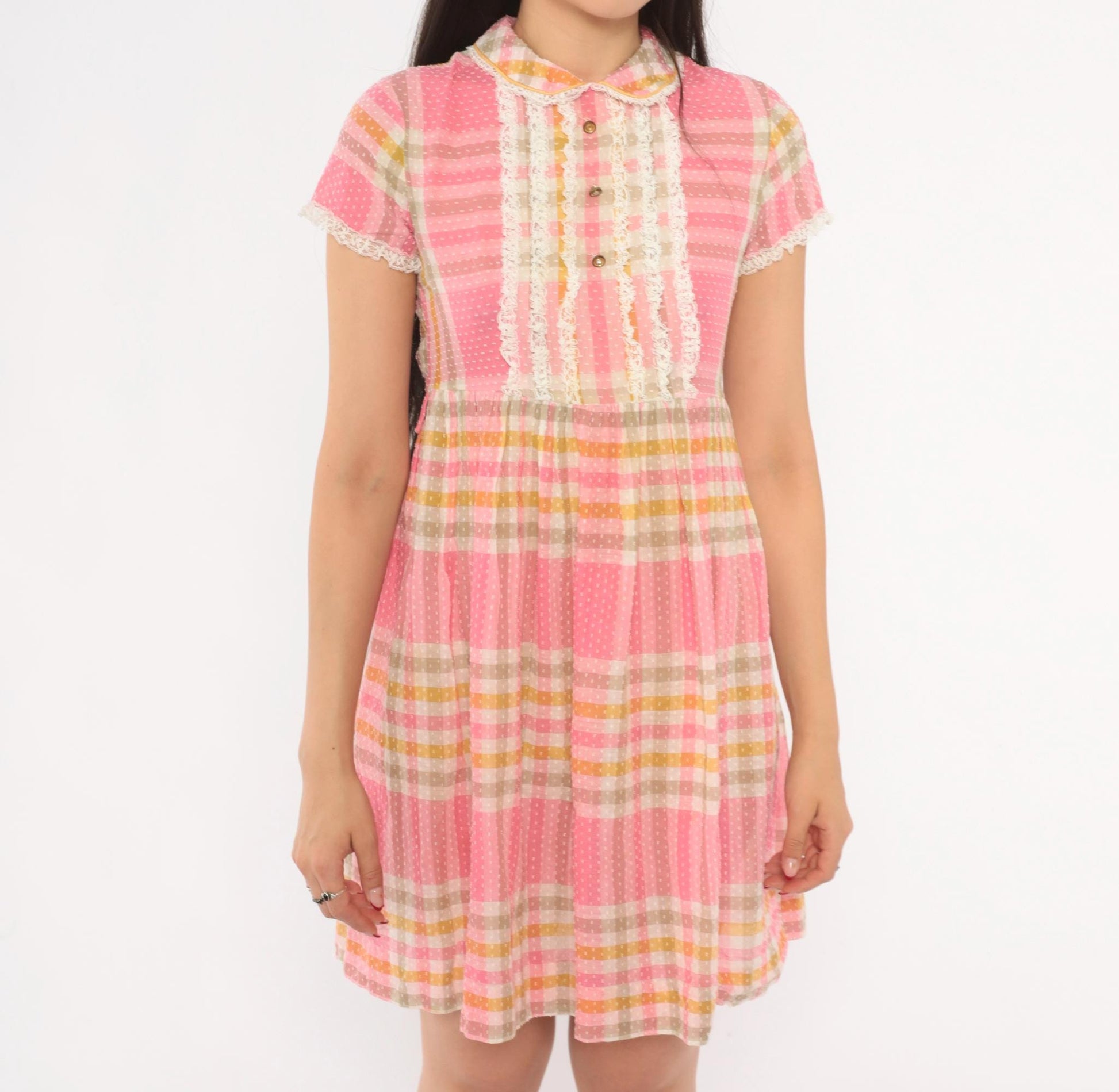 70s Pink Plaid Babydoll Dress Peter Pan Collar Lace Bib Mini XXS
