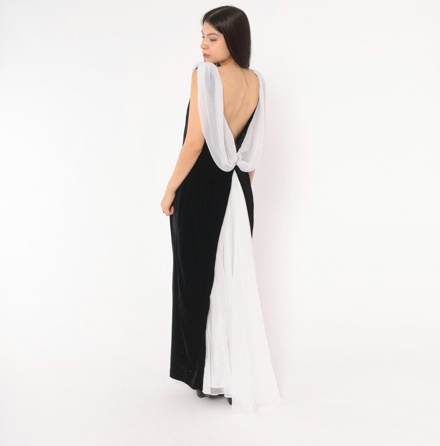 90s Night Way Black Velvet Column Gown White Chiffon Cowl Open Back Floor Length Large L