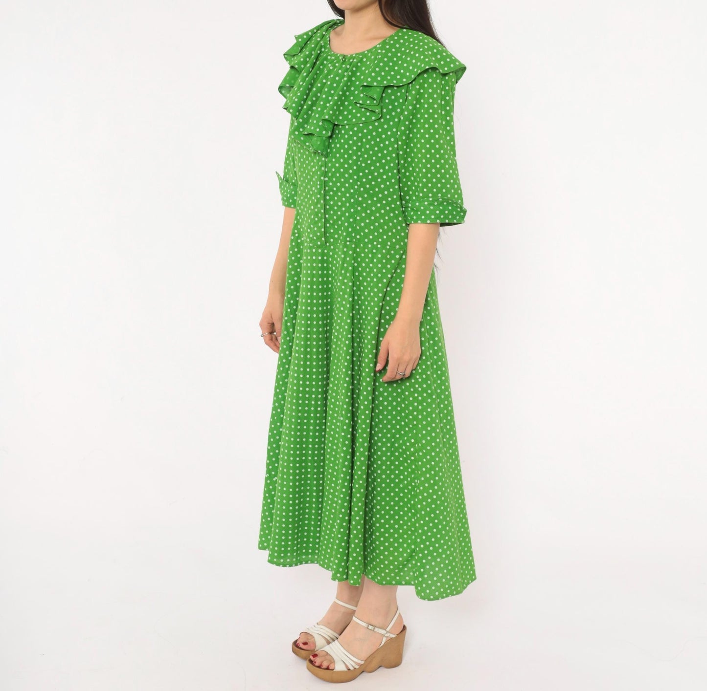2000s Green White Polka Dot Cotton Midi Dress Ruffle Collar Puff Sleeve Large L