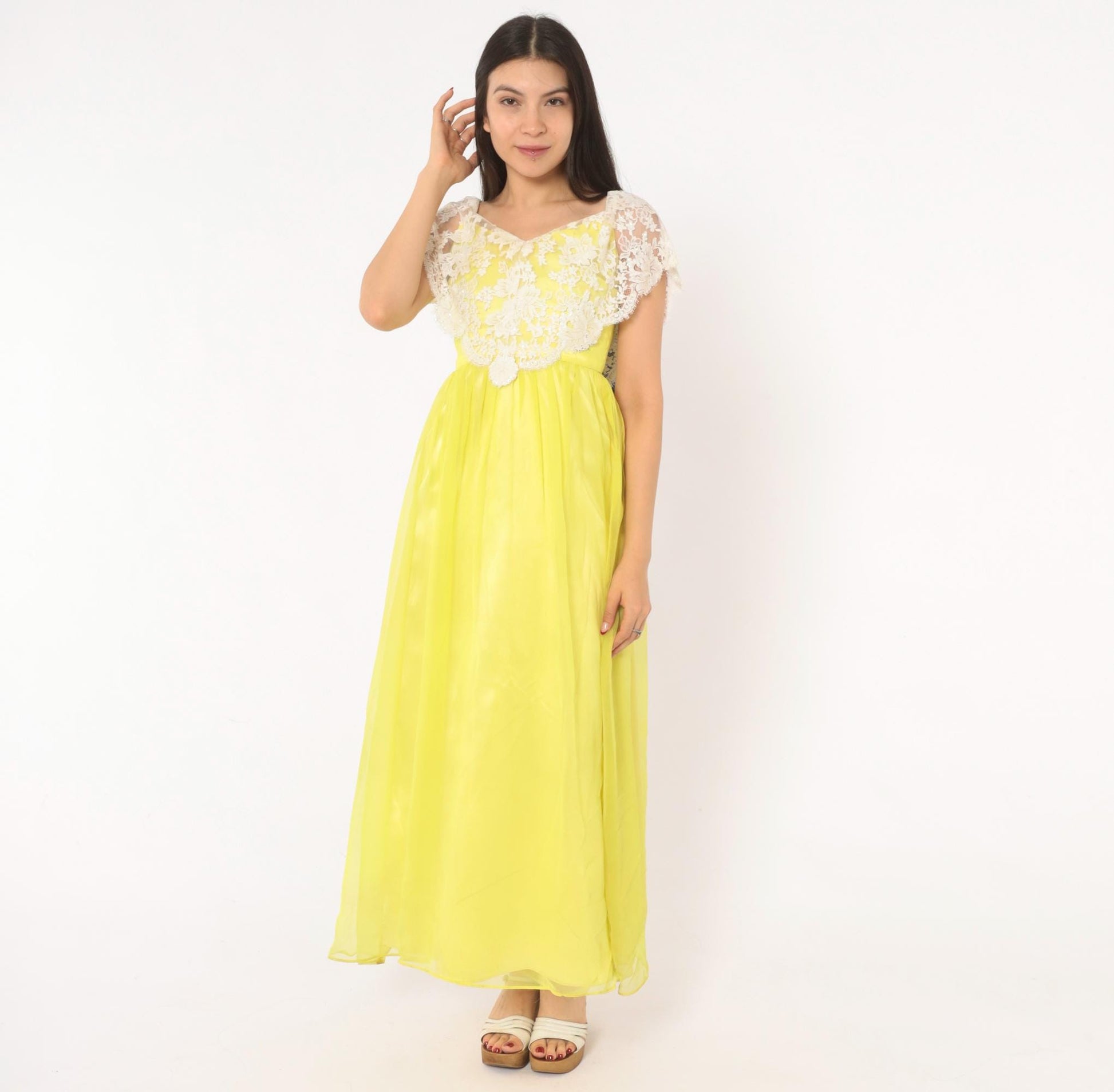 70s Yellow Chiffon Maxi Dress White Lace Overlay Empire Waist V Neck Extra Small XS