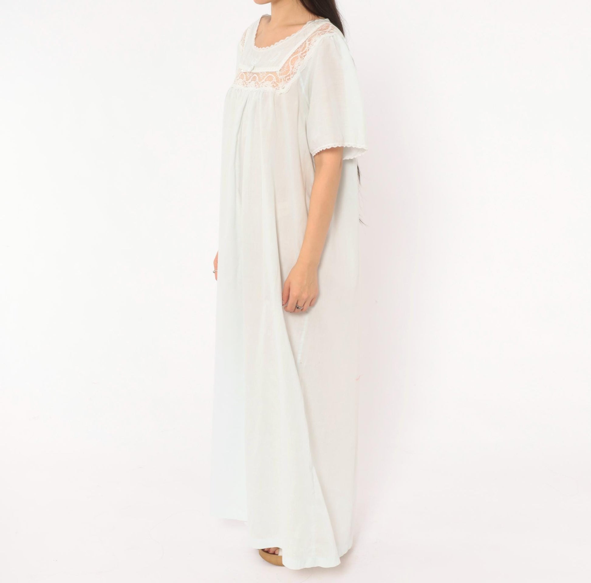 80s Barbizon Pale Blue Maxi Nightgown Lace Yoke Embroidered Puff Sleeve Large L