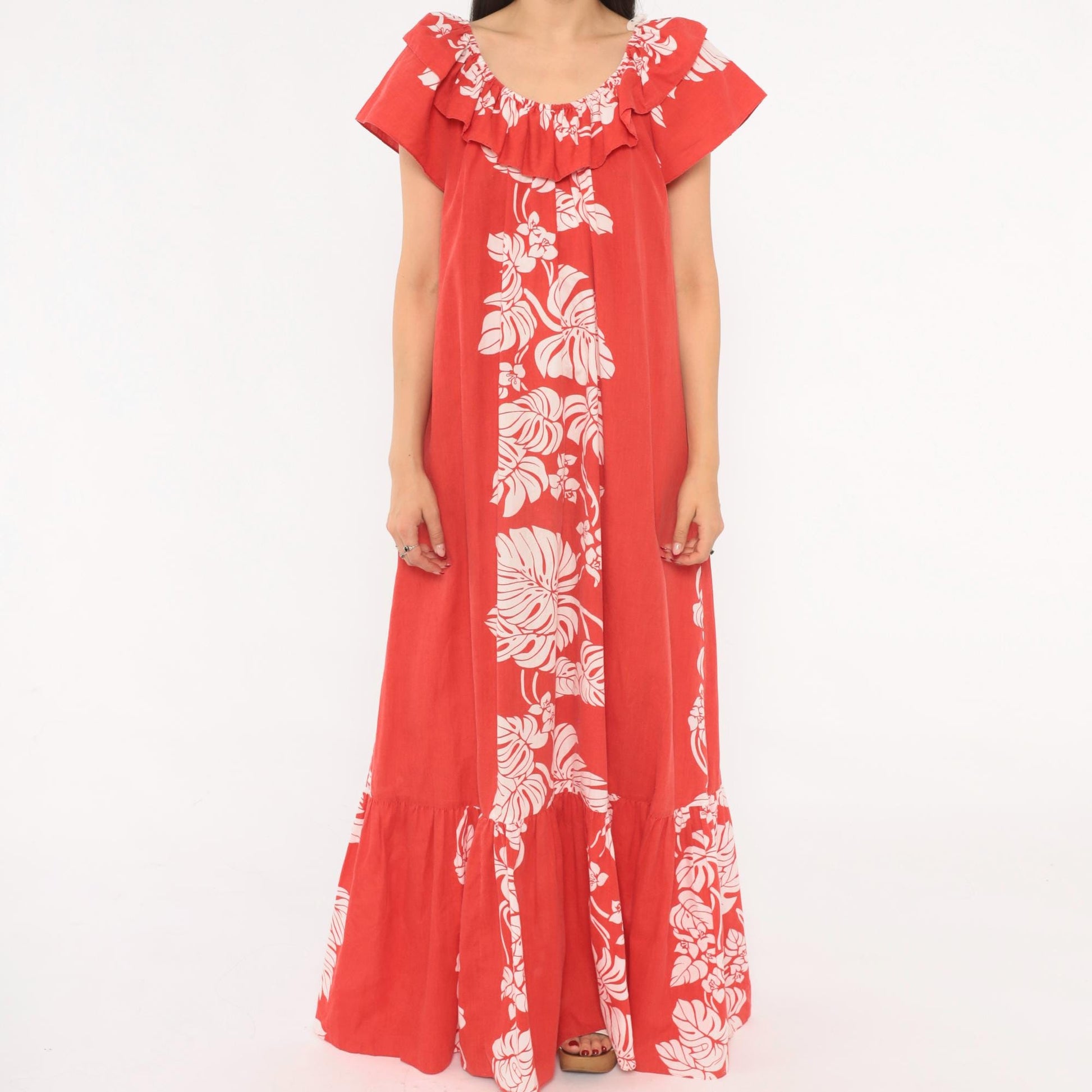 80s Hilo Hattie Hawaiian Muumuu Red Monstera Floral Maxi Dress Large
