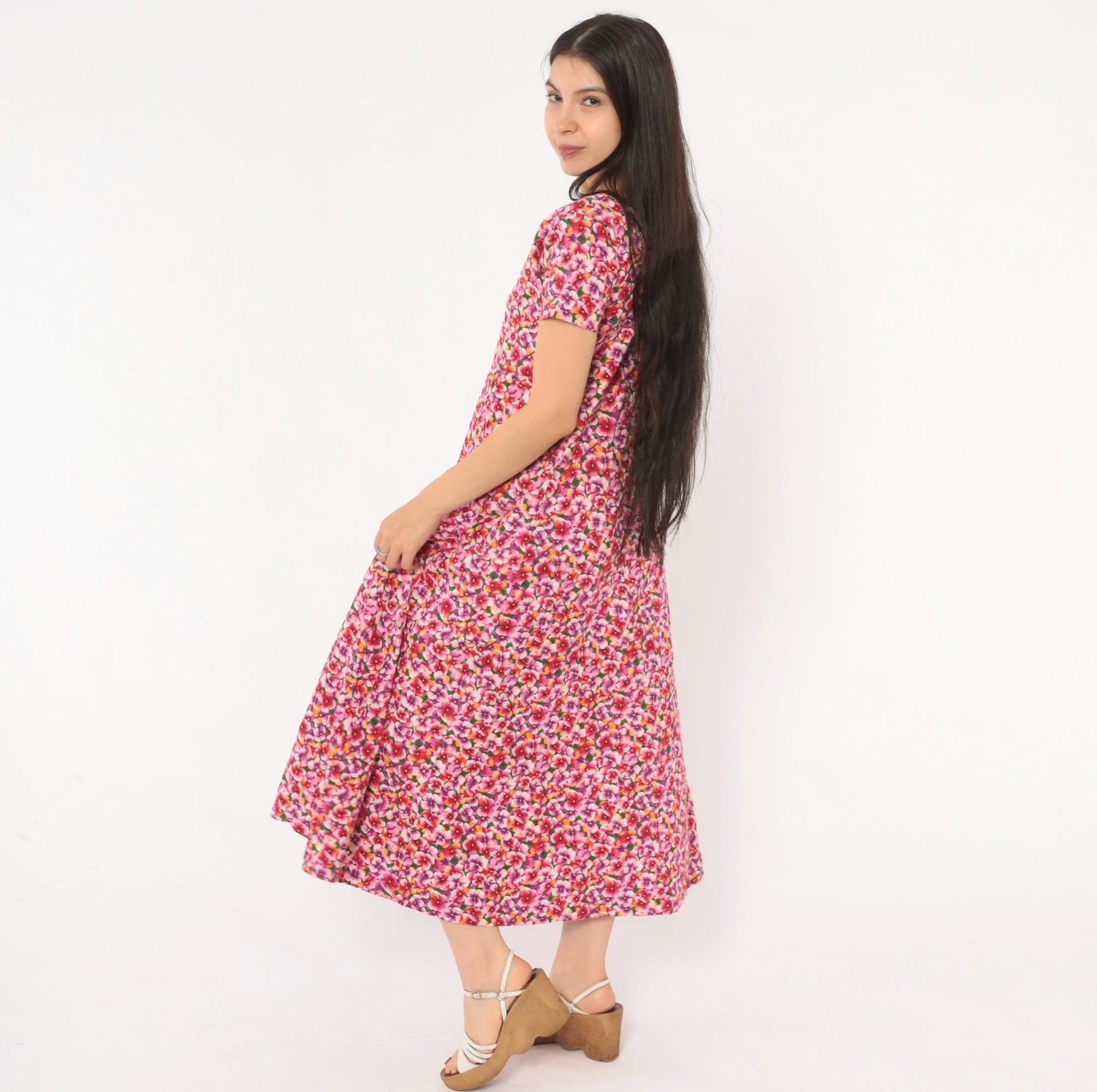 90s Pink Purple Floral Maxi Dress Cotton Scoop Neck A-Line Small