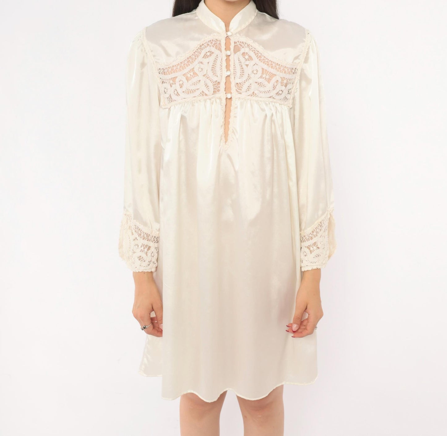 80s Iris Satin Babydoll Robe Cutwork Lace Mandarin Collar Puff Sleeve Cream Large L