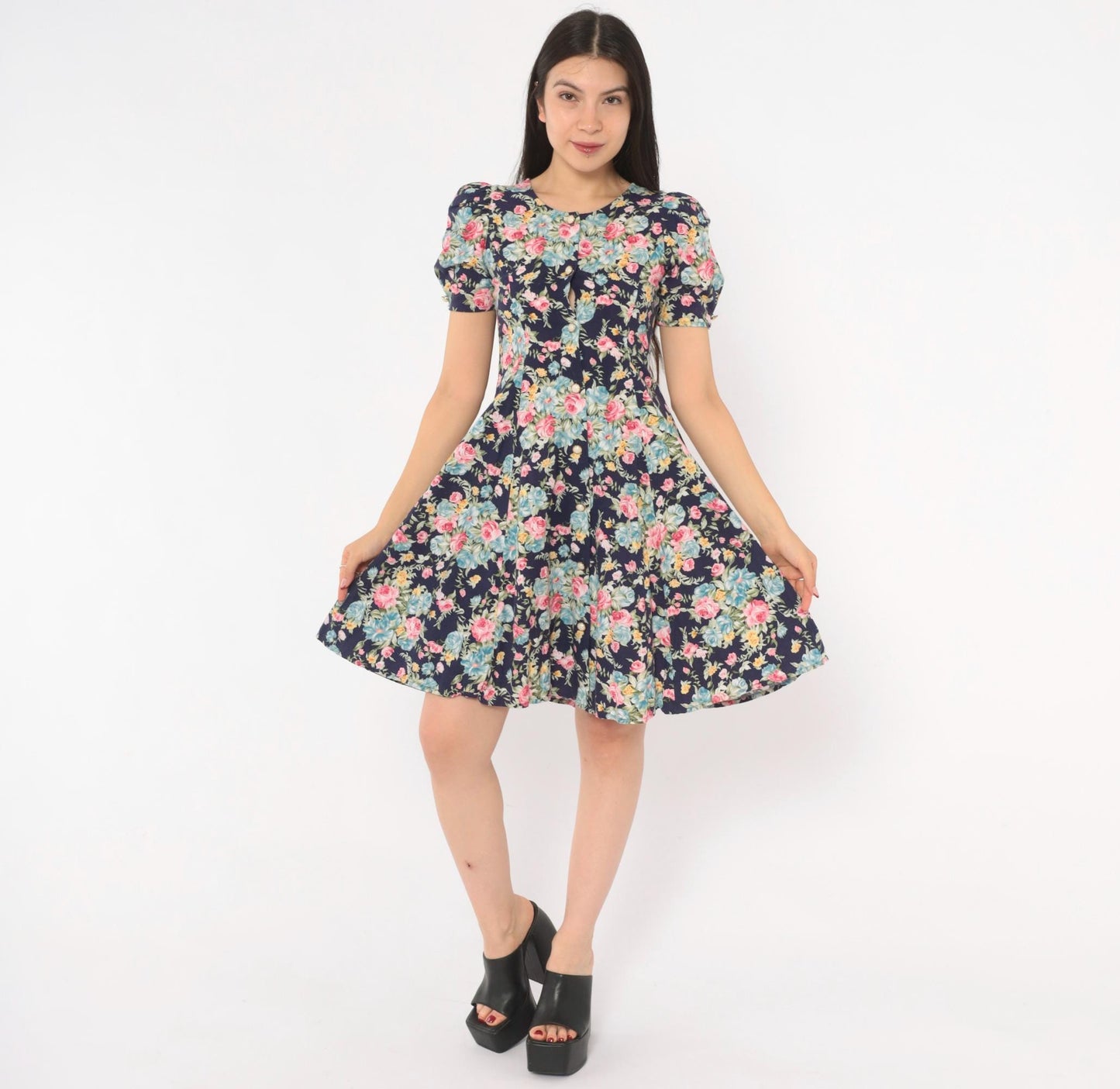 90s Sweet Soda Floral Mini Dress Navy Puff Sleeve Lace-Up Cotton XXS