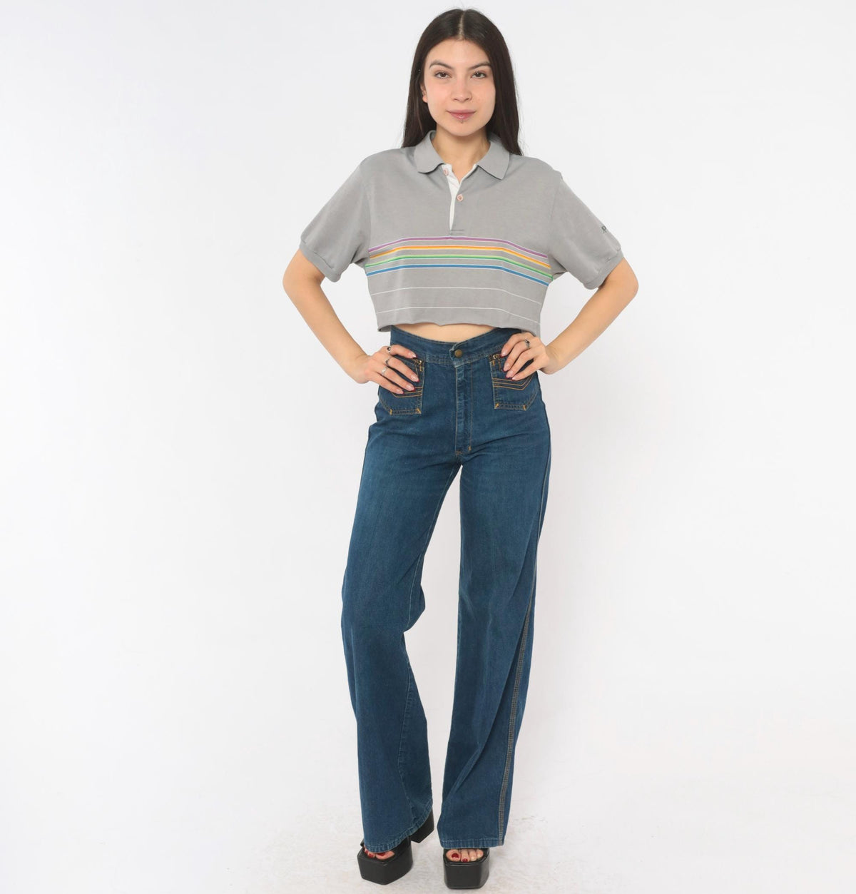 80s Rainbow Stripe Crop Polo Grey Cotton Short Sleeve Medium M
