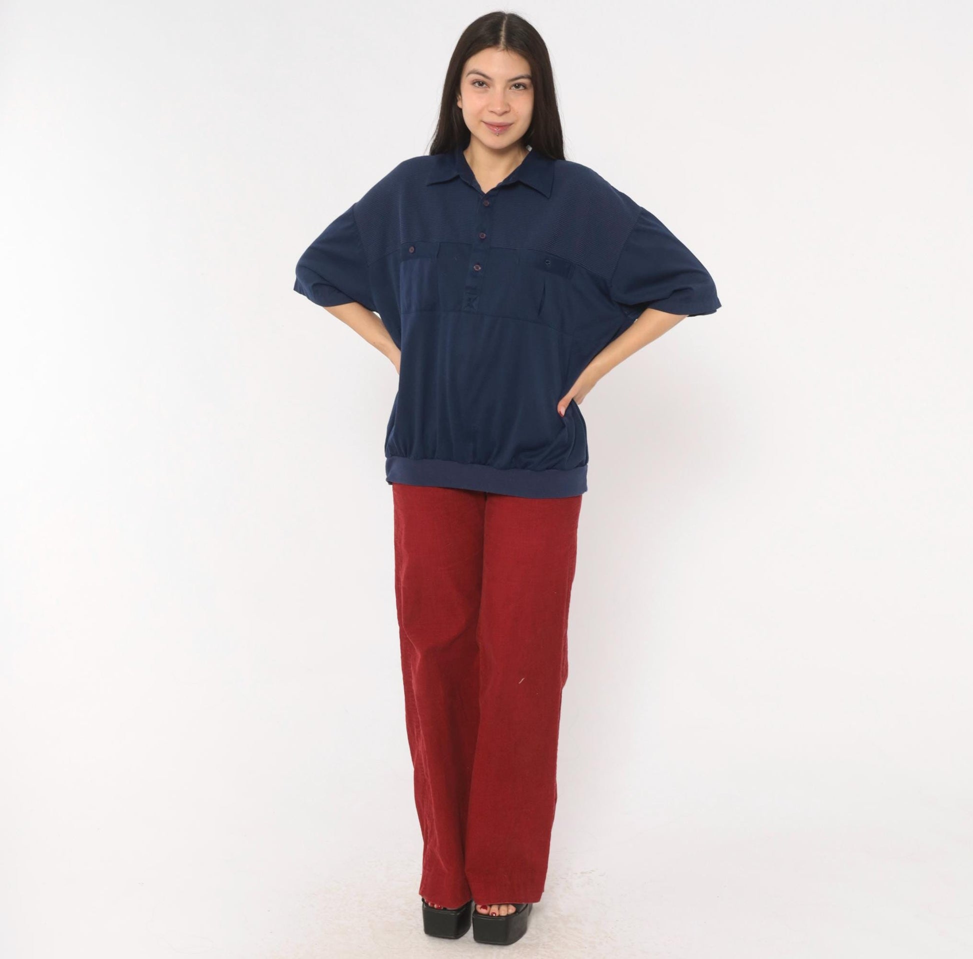 90s Navy Polo Shirt Classics Ribbed Yoke Button Front Knit Extra Large XL