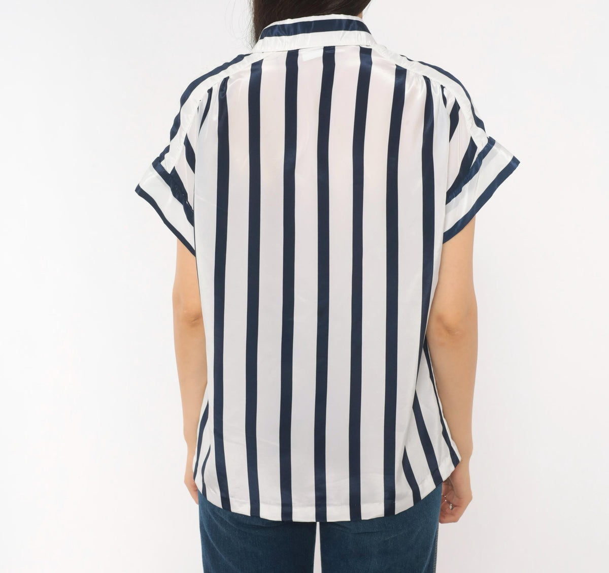 80s Navy White Striped Camp Collar Blouse Button Front Medium