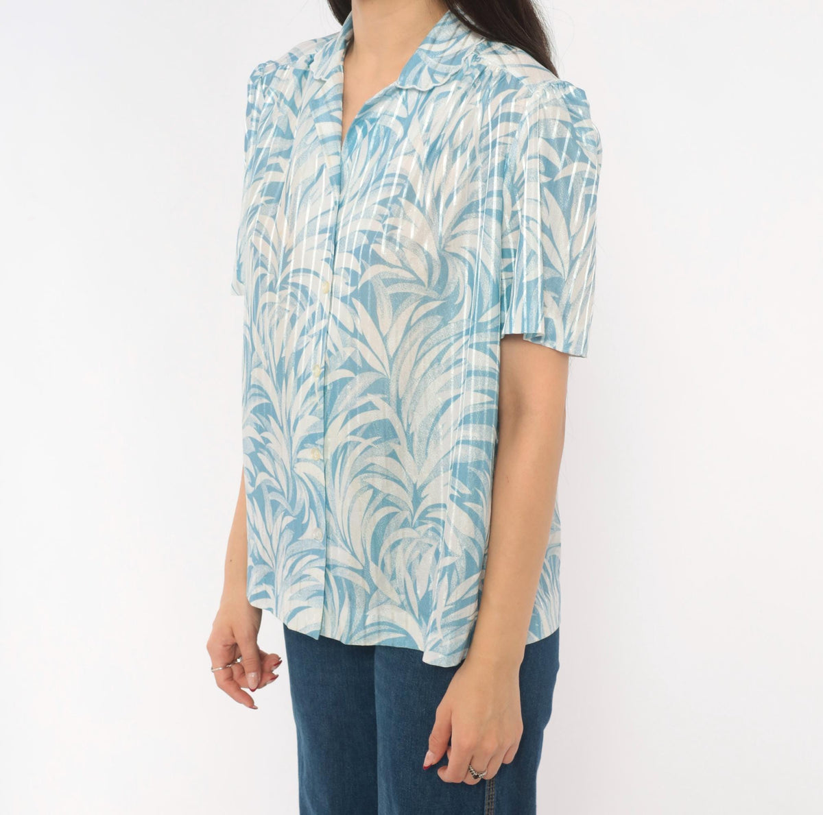 70s Graff Palm Leaf Blouse Blue White Tropical Print Button-Up Medium