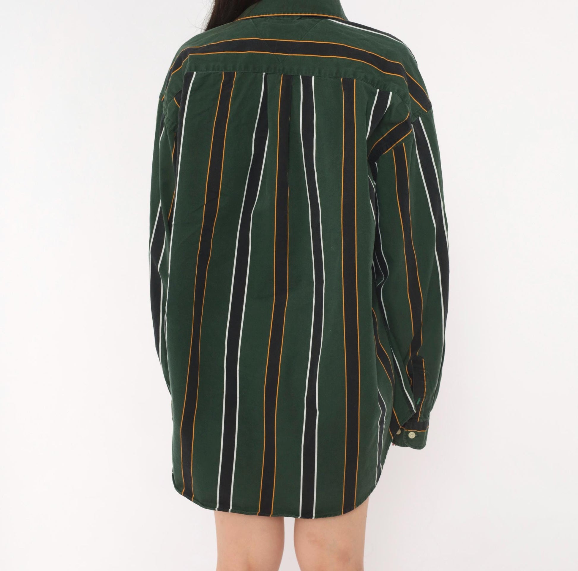 Tommy Hilfiger 90s Striped Cotton Shirt Forest Green Crest Logo Large L
