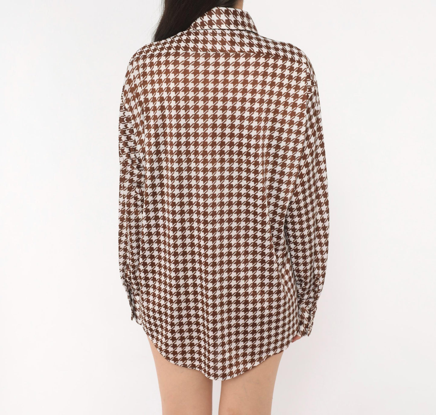 70s Brown White Houndstooth Button Up Shirt Pointed Collar Chest Pocket Large