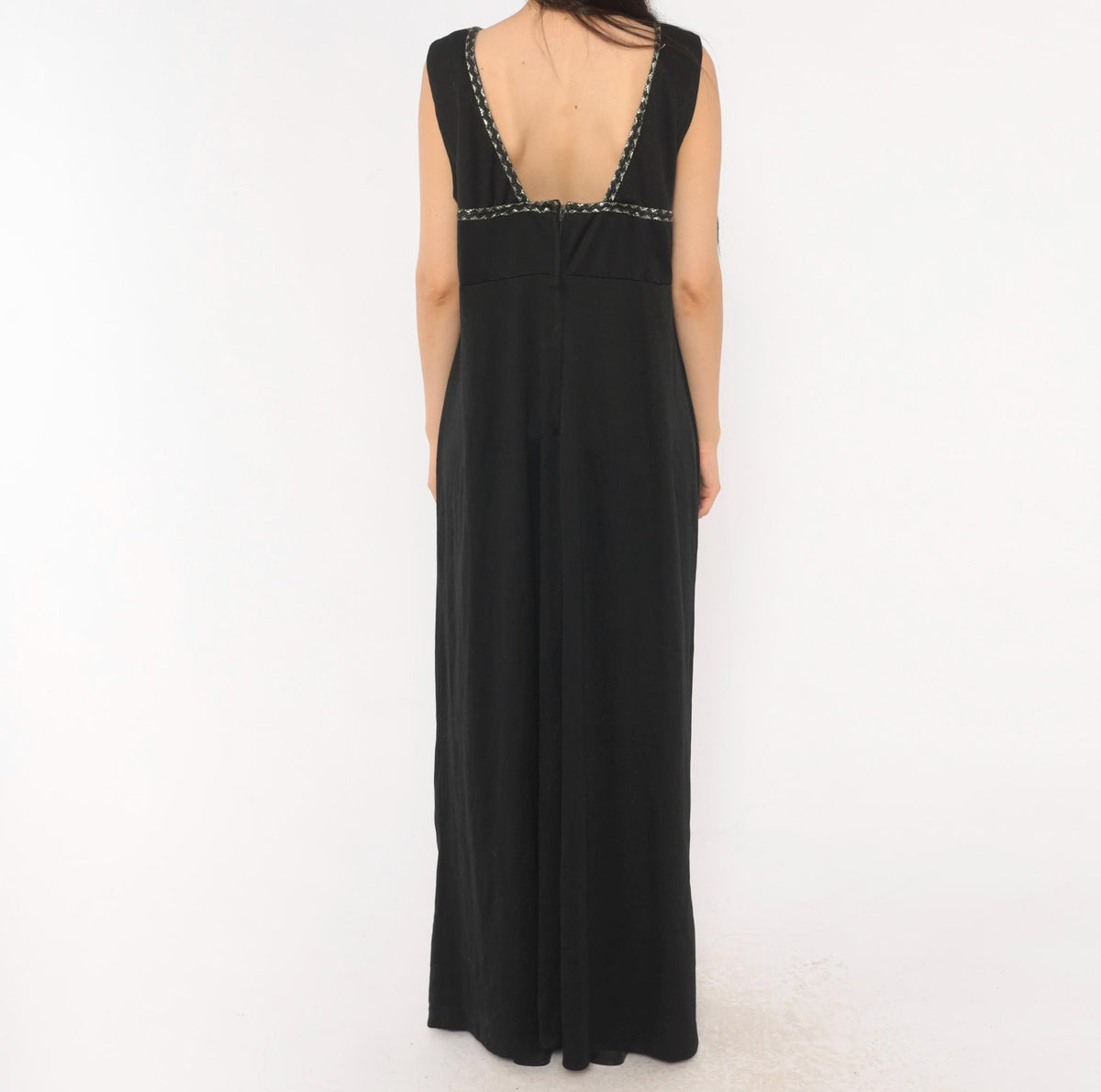 70s Black Maxi Dress Empire Waist Square Neckline Silver Braided Trim Extra Large