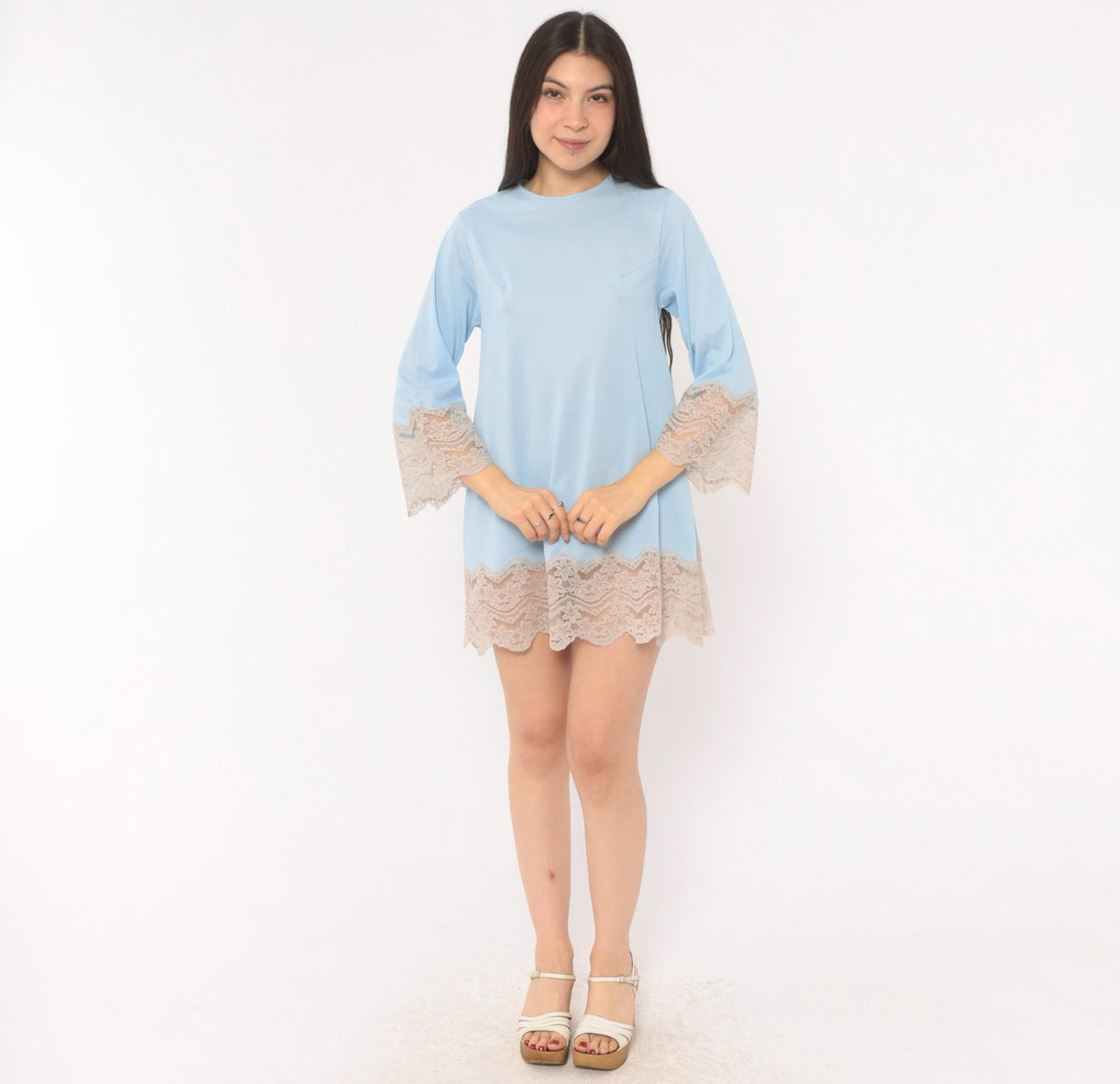 70s Sky Blue Lace Trim Mini Slip Dress Scalloped Bell Sleeve Keyhole Back XS