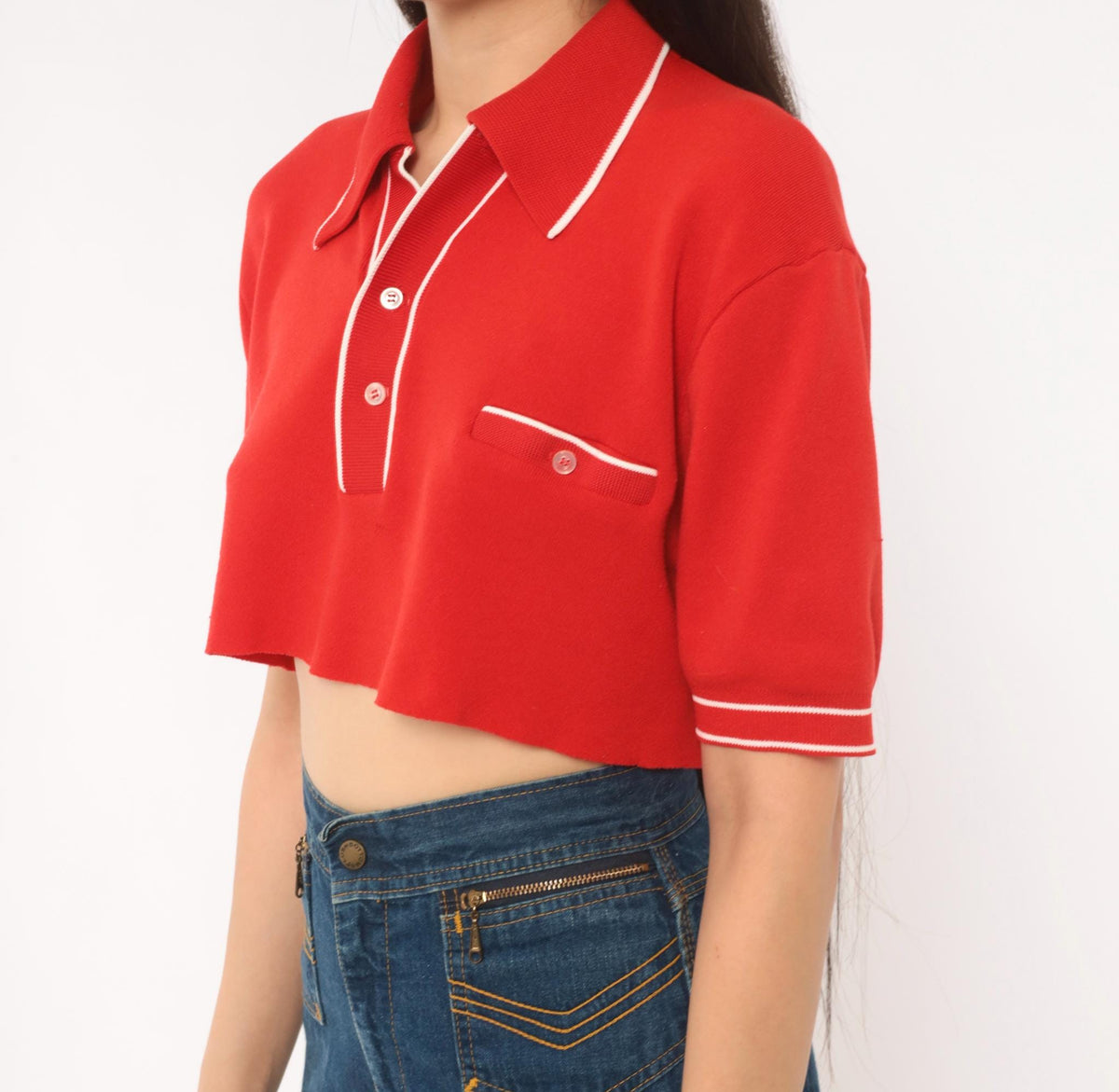 70s Red Cropped Polo White Piping Knit Top Button Front Medium M