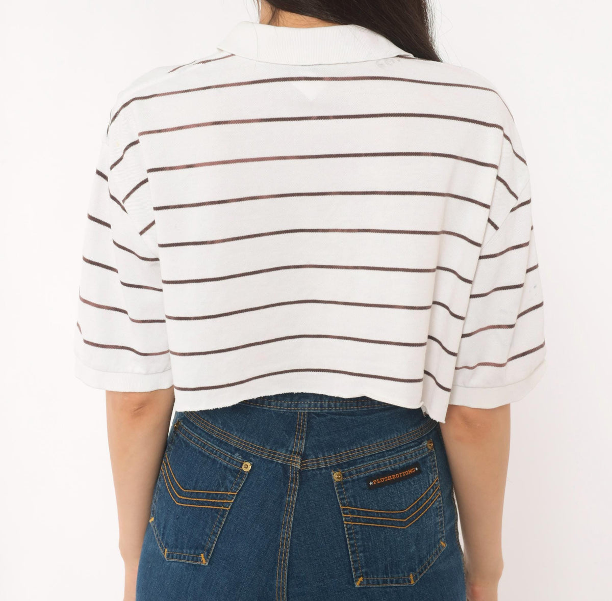 90s Polo Ralph Lauren Striped Cropped Polo Shirt White Brown Cotton Medium