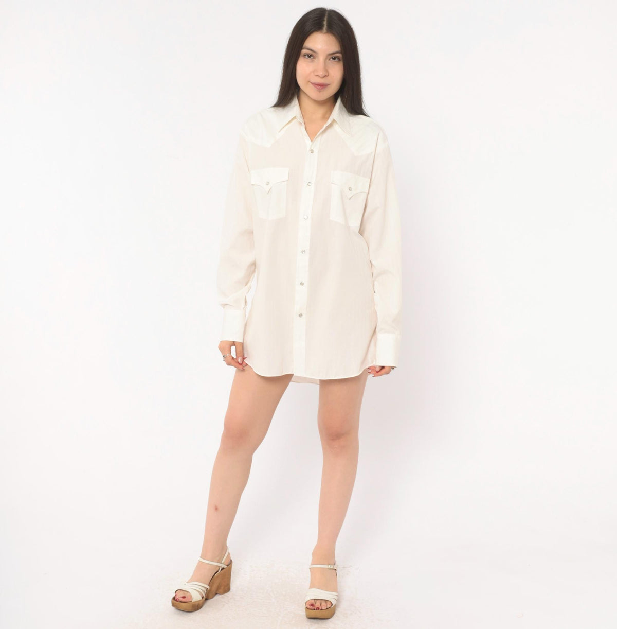90s Ely Cattleman Western Snap Shirt Ivory Pointed Collar Yoke Medium