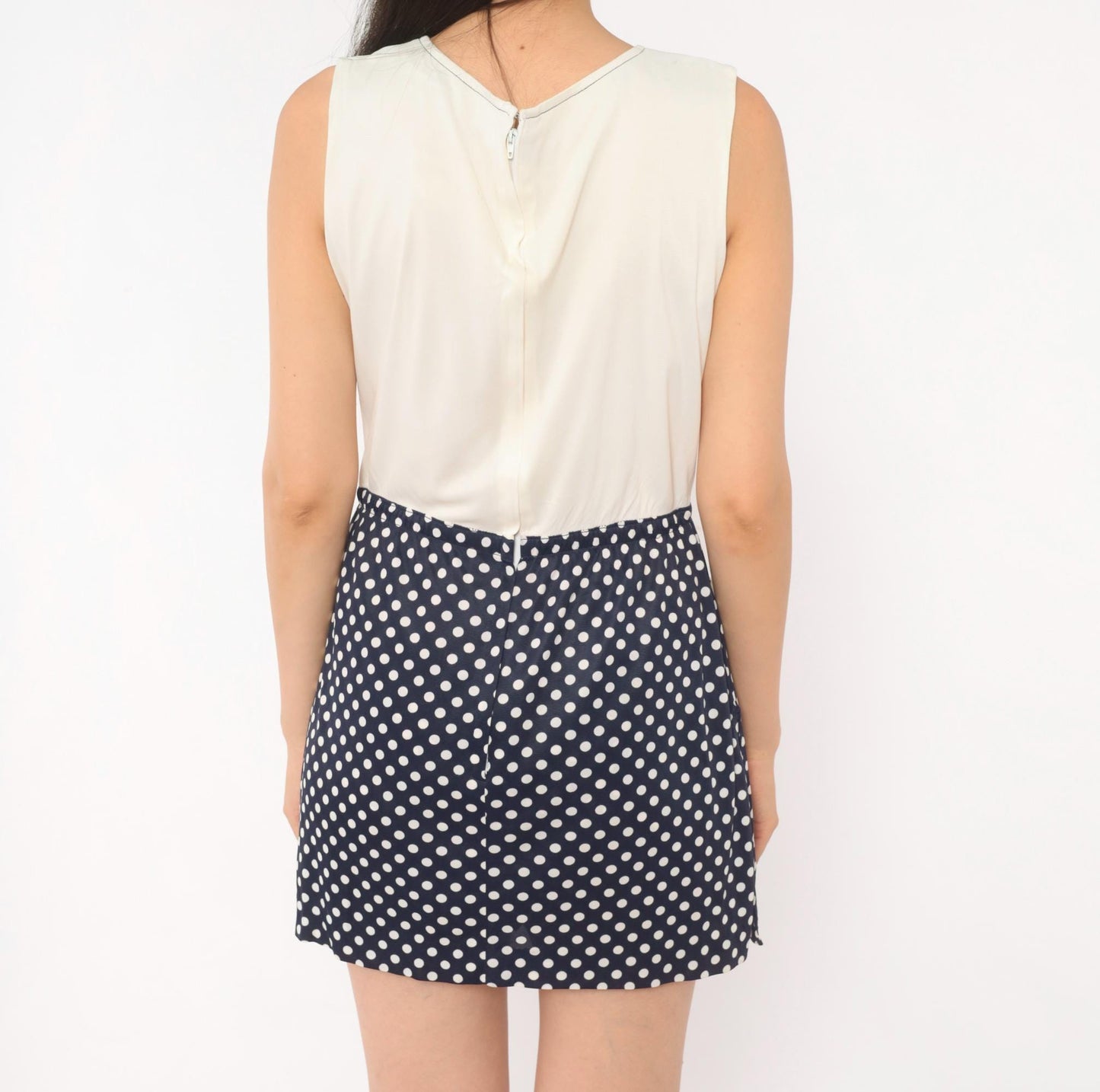 60s Jerell Two-Tone Polka Dot Mini Dress Navy Cream Mod Shift Medium M